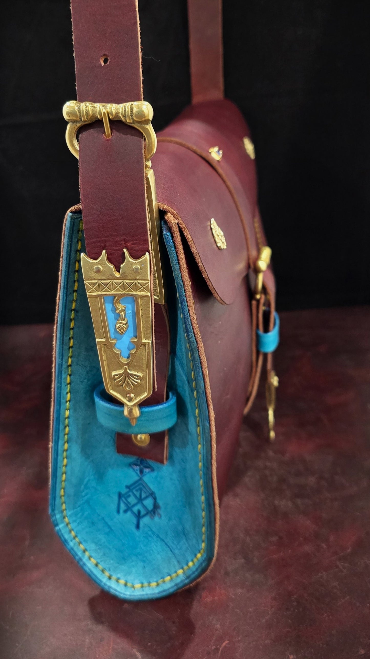 Royal Medieval Red and Teal leather side bag