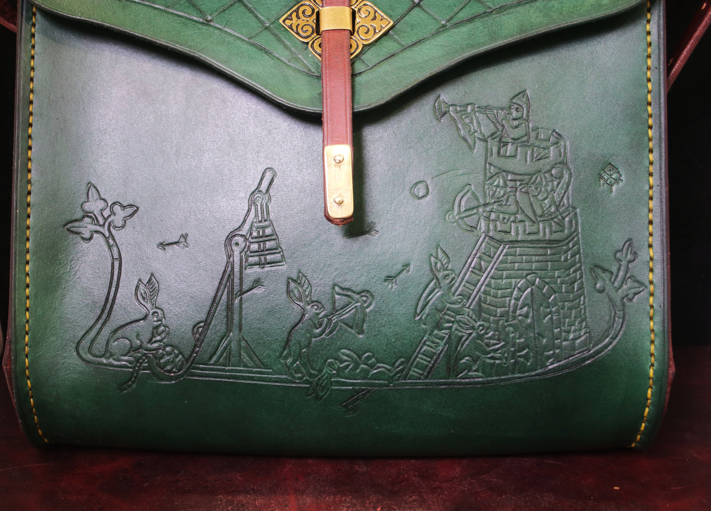 Medieval Murder Rabbits purse - "Hop Into Battle!" - green and burgundy