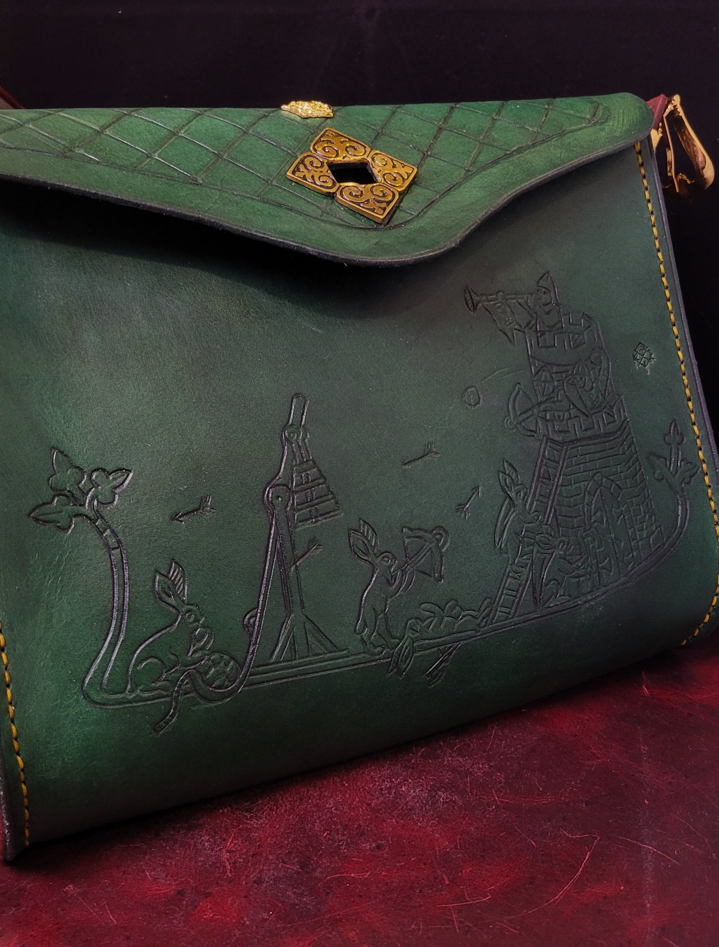 Medieval Murder Rabbits purse - "Hop Into Battle!" - green and burgundy