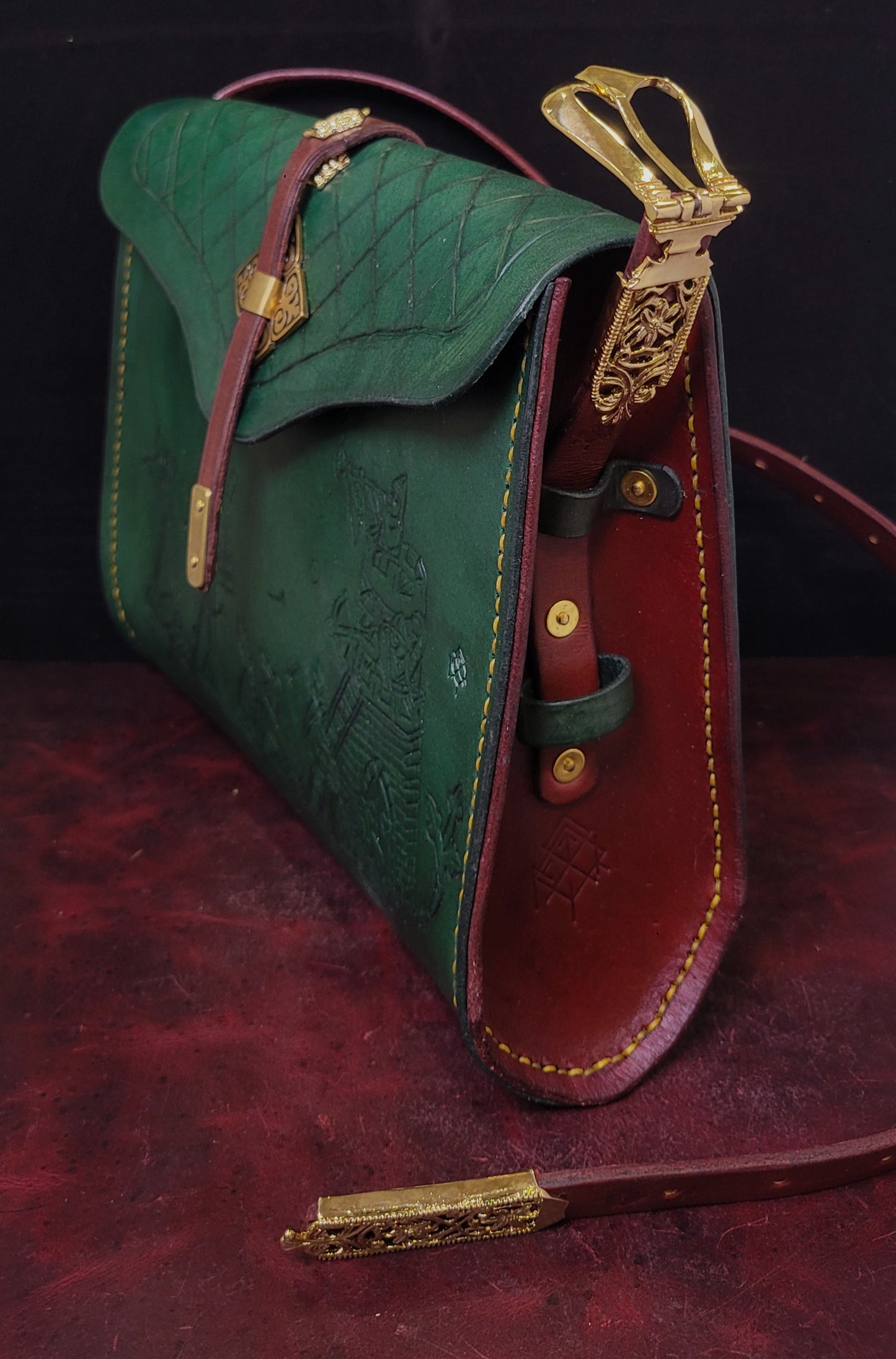Medieval Murder Rabbits purse - "Hop Into Battle!" - green and burgundy