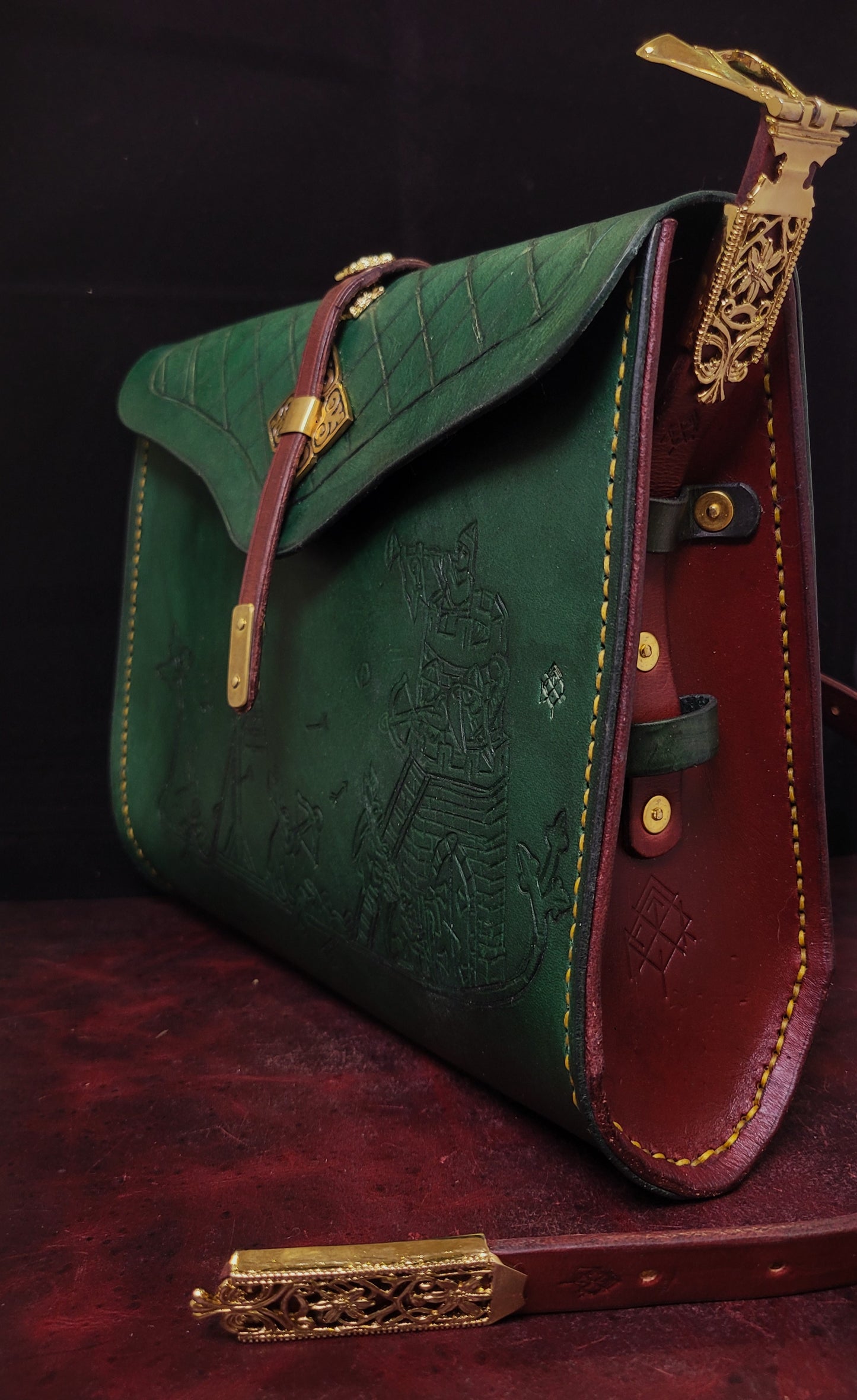 Medieval Murder Rabbits purse - "Hop Into Battle!" - green and burgundy