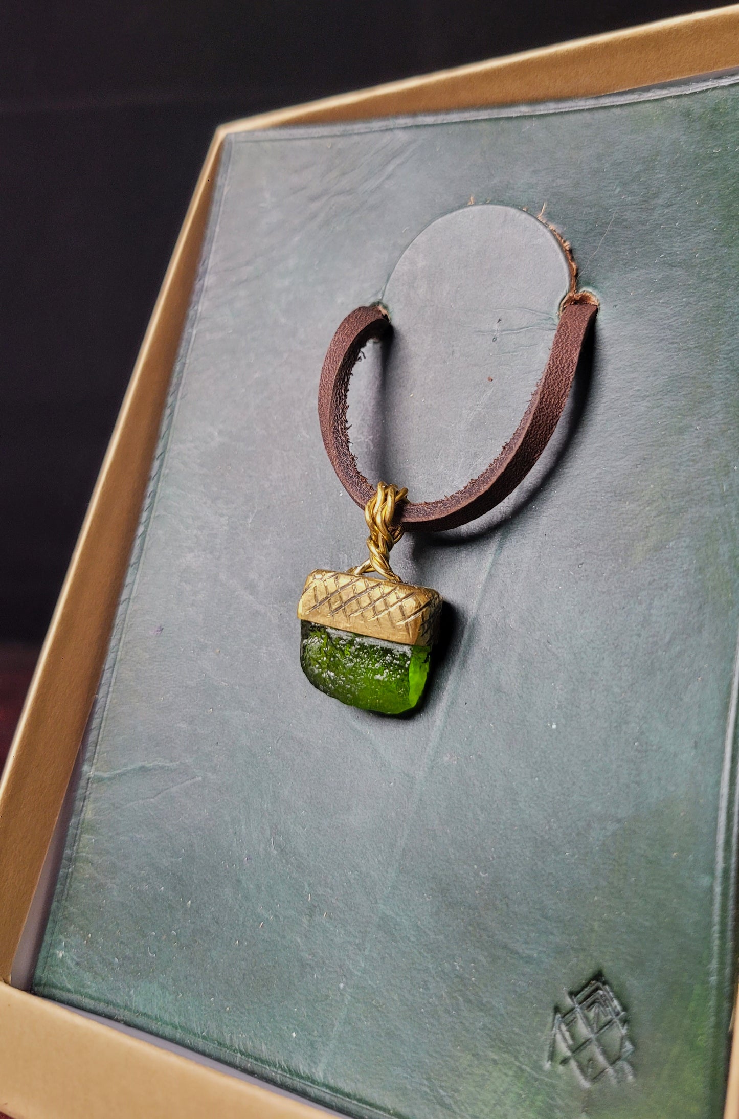 Brass & Moldavite Acorn Pendant