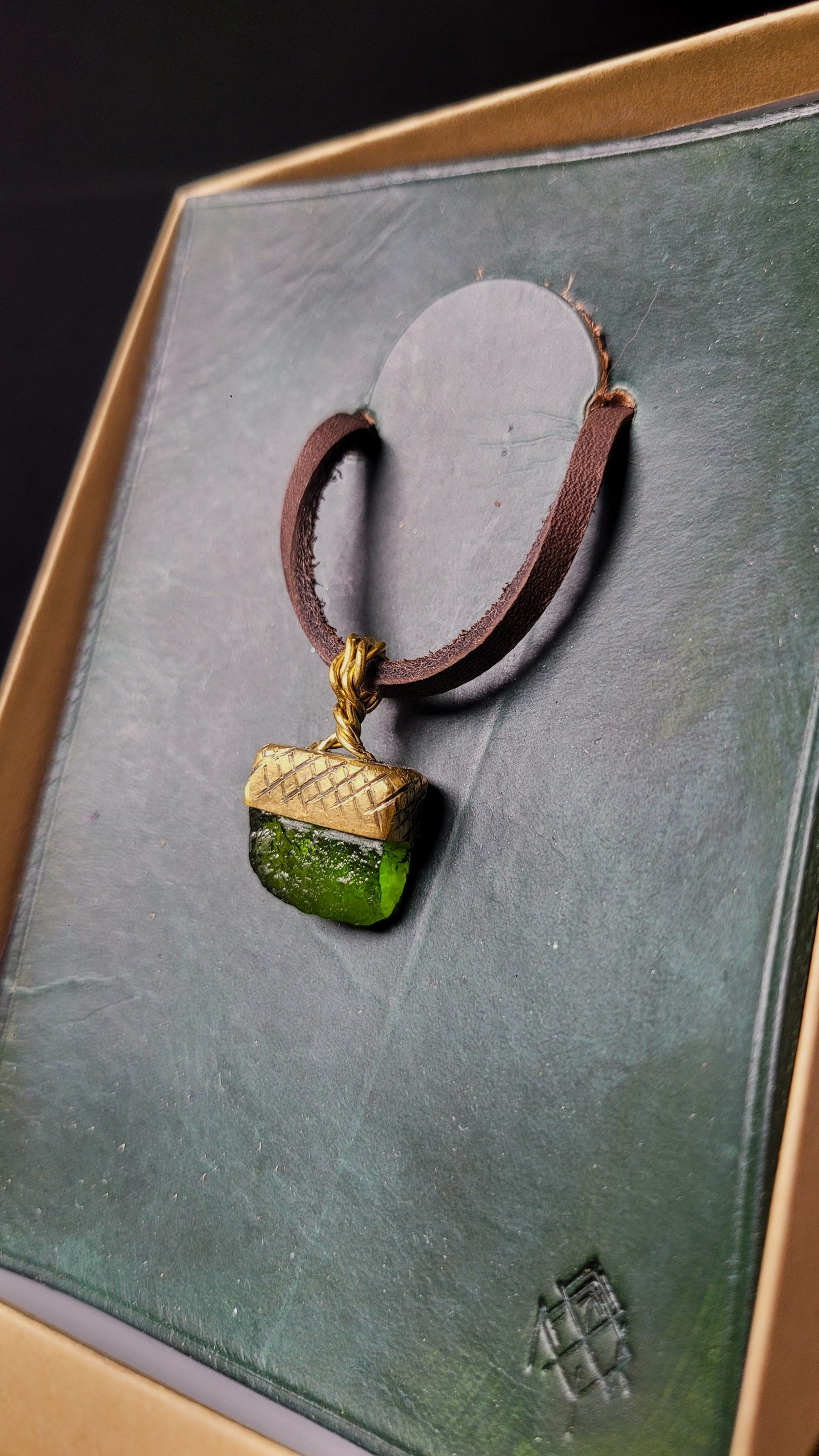 Brass & Moldavite Acorn Pendant