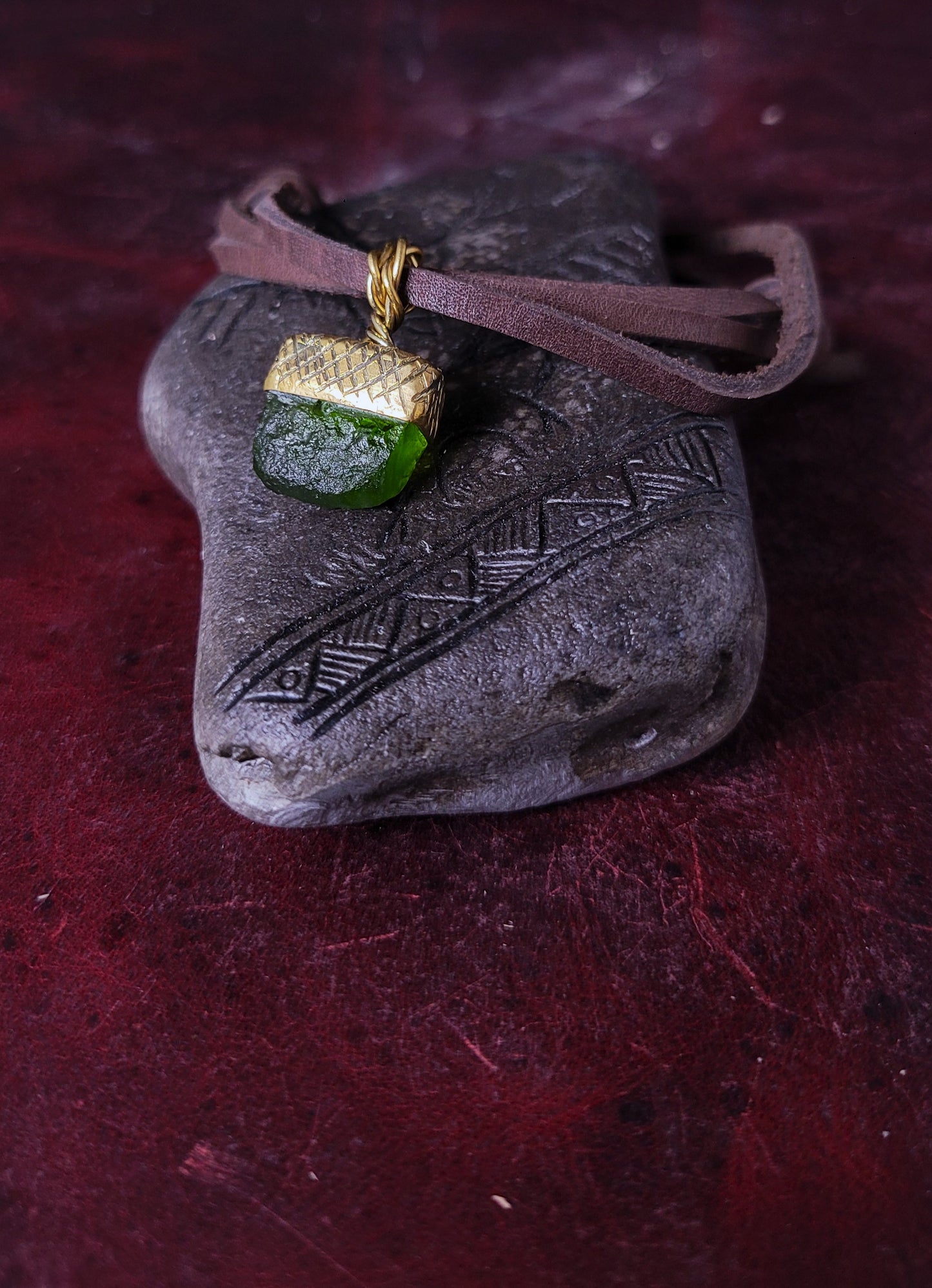 Brass & Moldavite Acorn Pendant