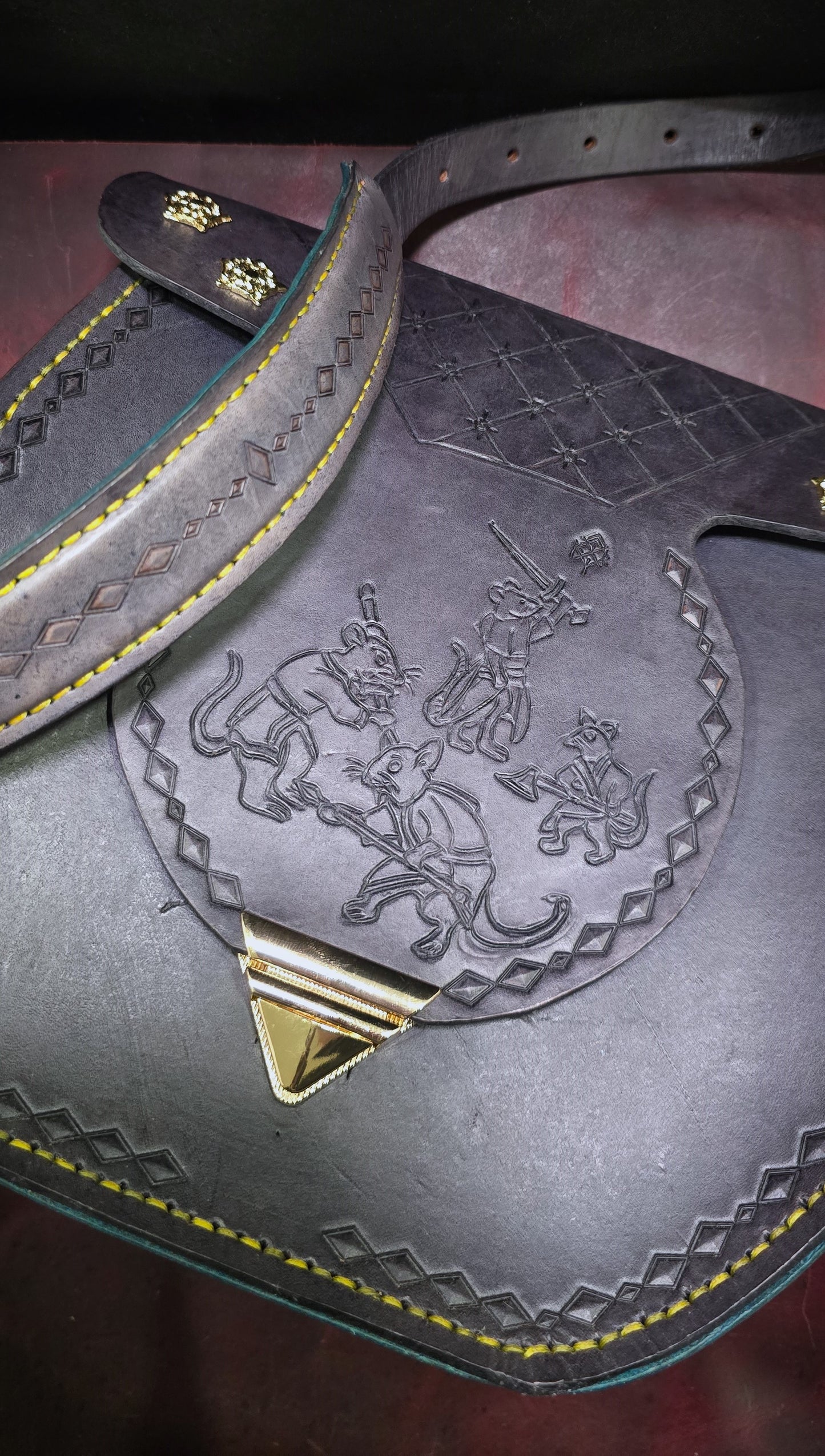 Large Leather Purse - Grey and Teal - "The Great Rodent War"