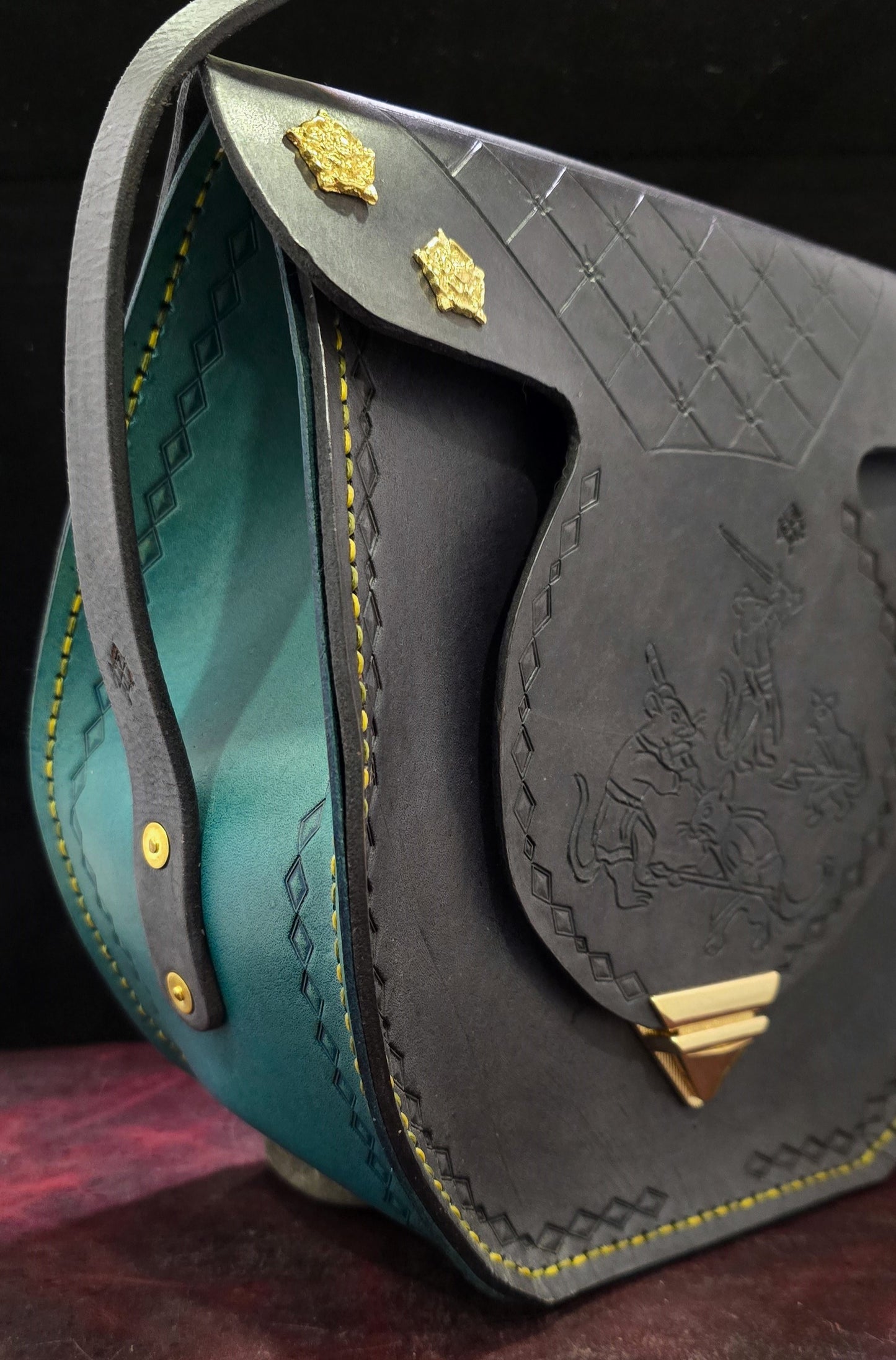 Large Leather Purse - Grey and Teal - "The Great Rodent War"