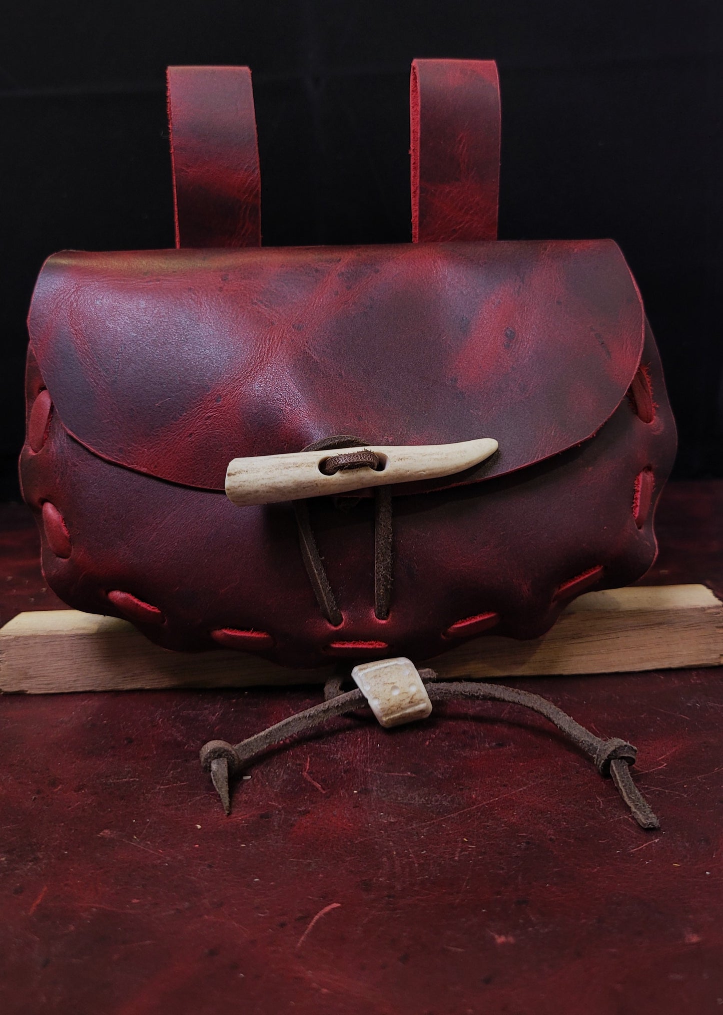 Leather Pouch with Antler toggle - Red