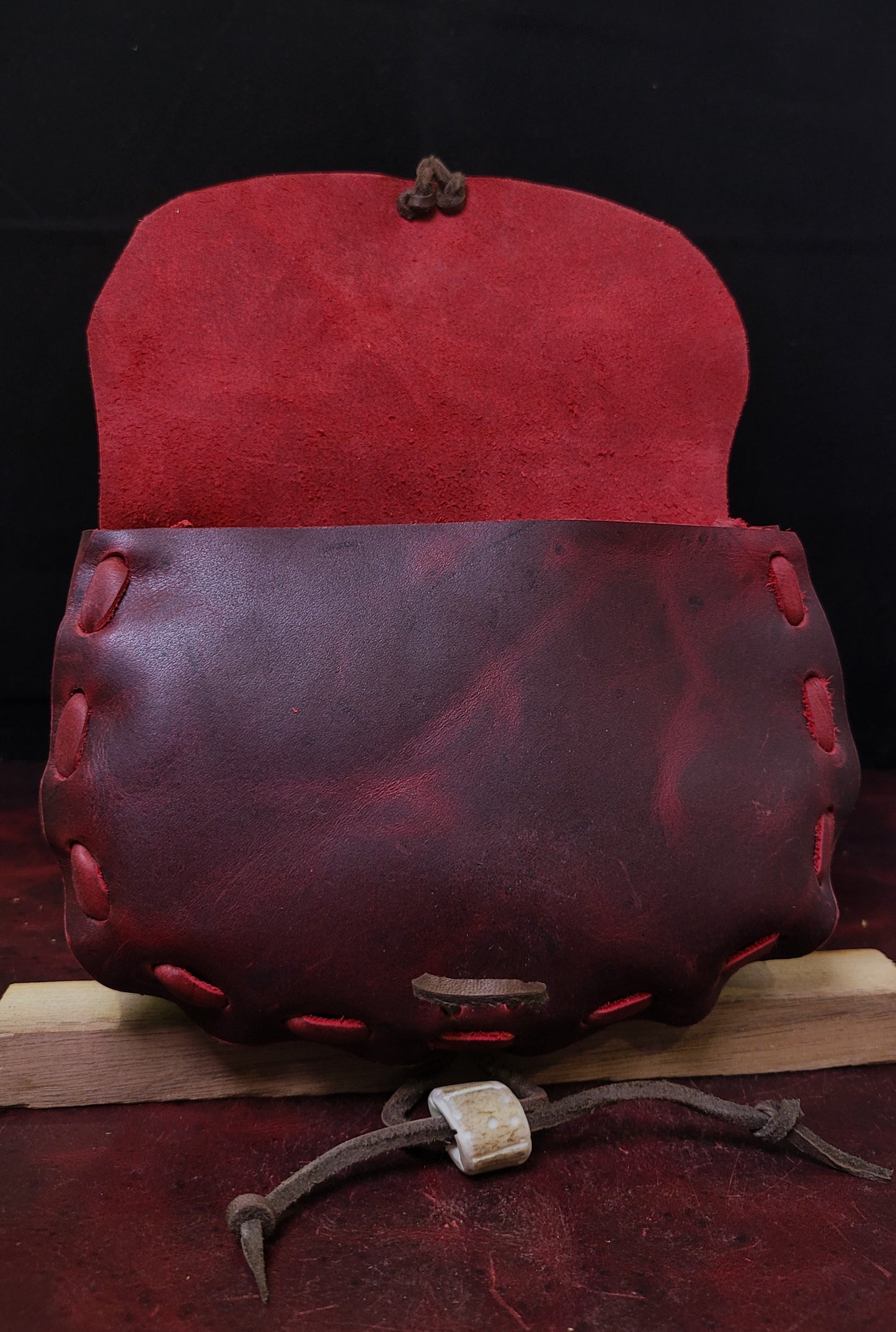 Leather Pouch with Antler toggle - Red