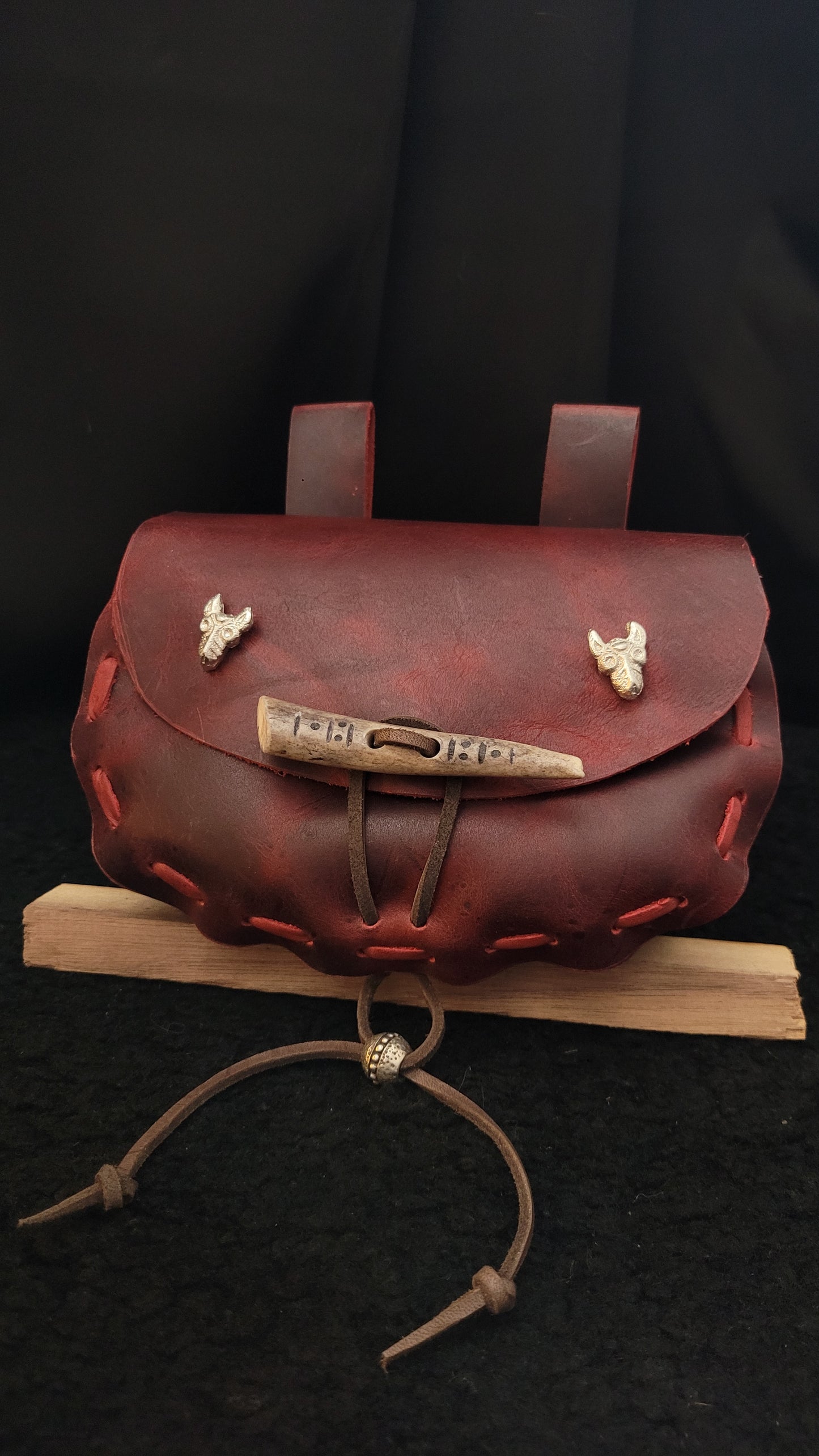 Leather pouch, Pewter wolf findings