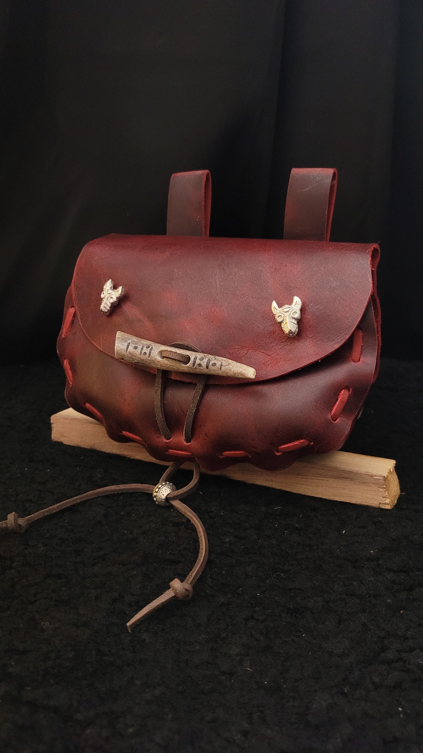 Leather pouch, Pewter wolf findings