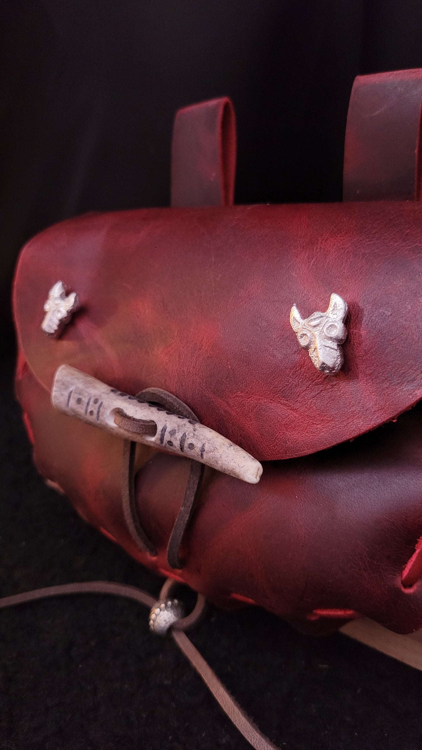 Leather pouch, Pewter wolf findings