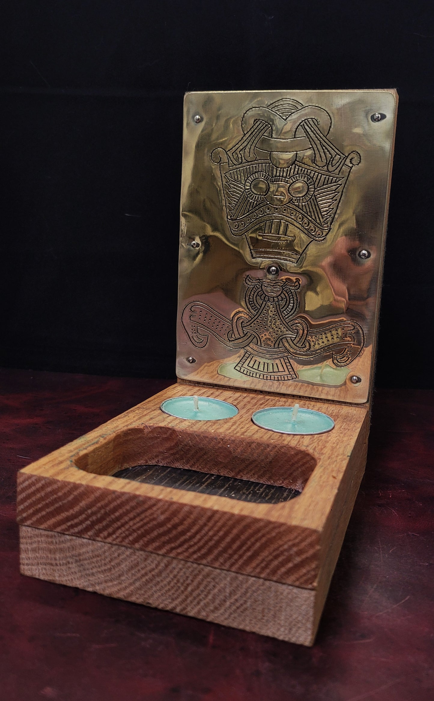 Oak and brass Norse alter candle stand