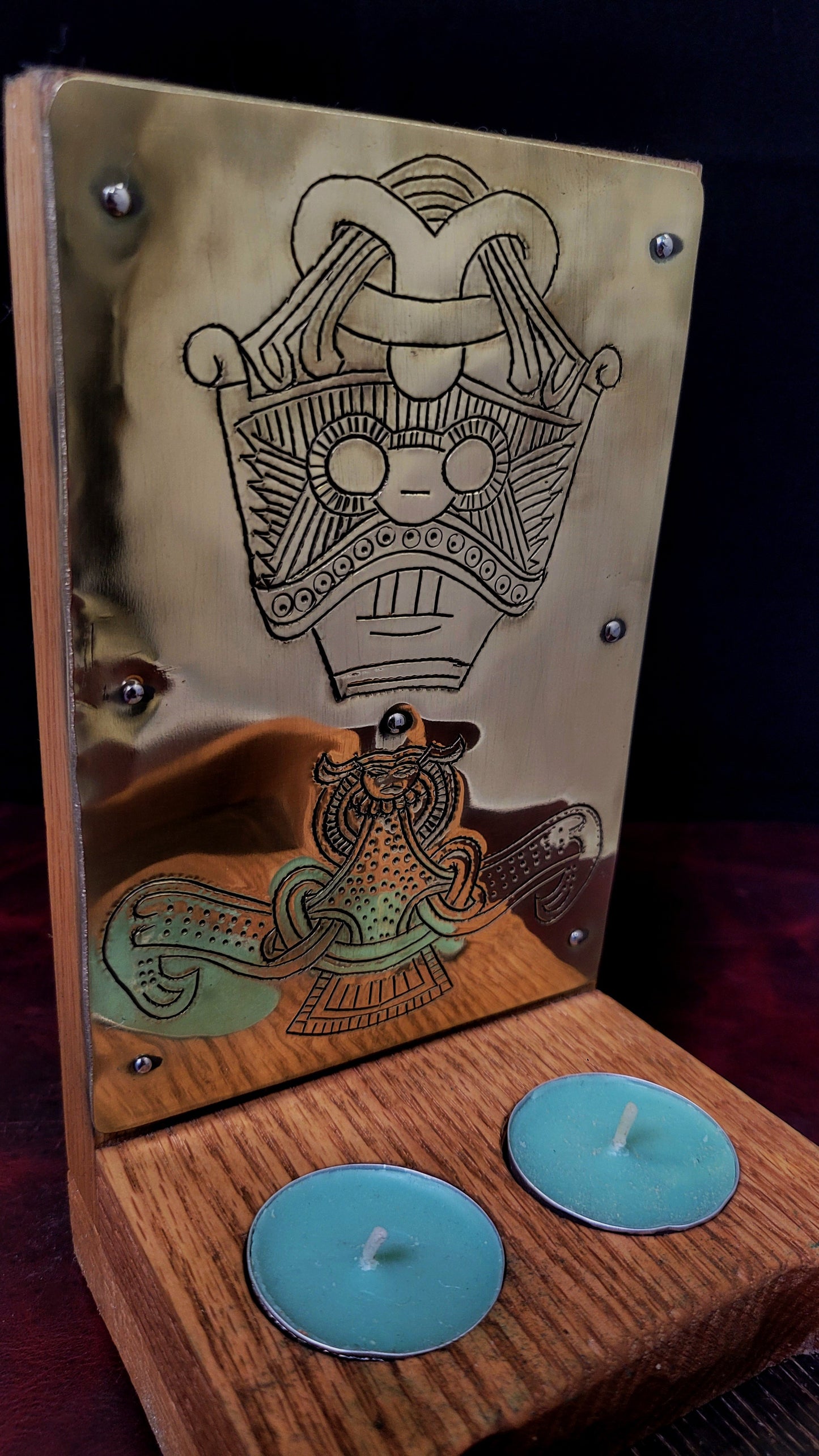 Oak and brass Norse alter candle stand