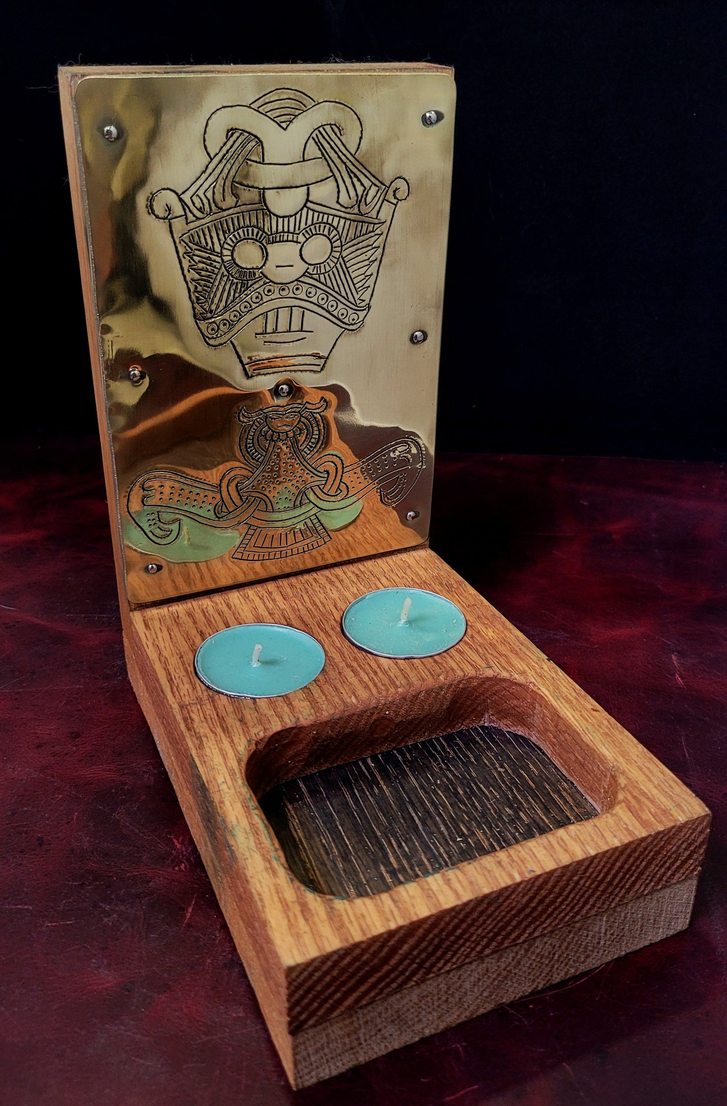 Oak and brass Norse alter candle stand