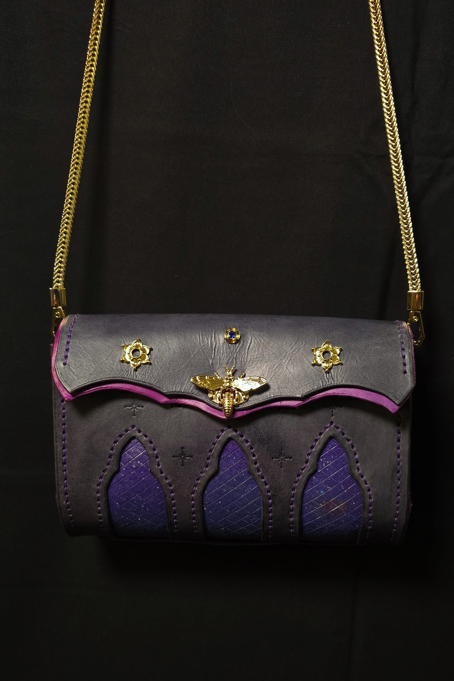 Cosmic Cathedral Leather purse - Bee clasp - 24K plate fittings