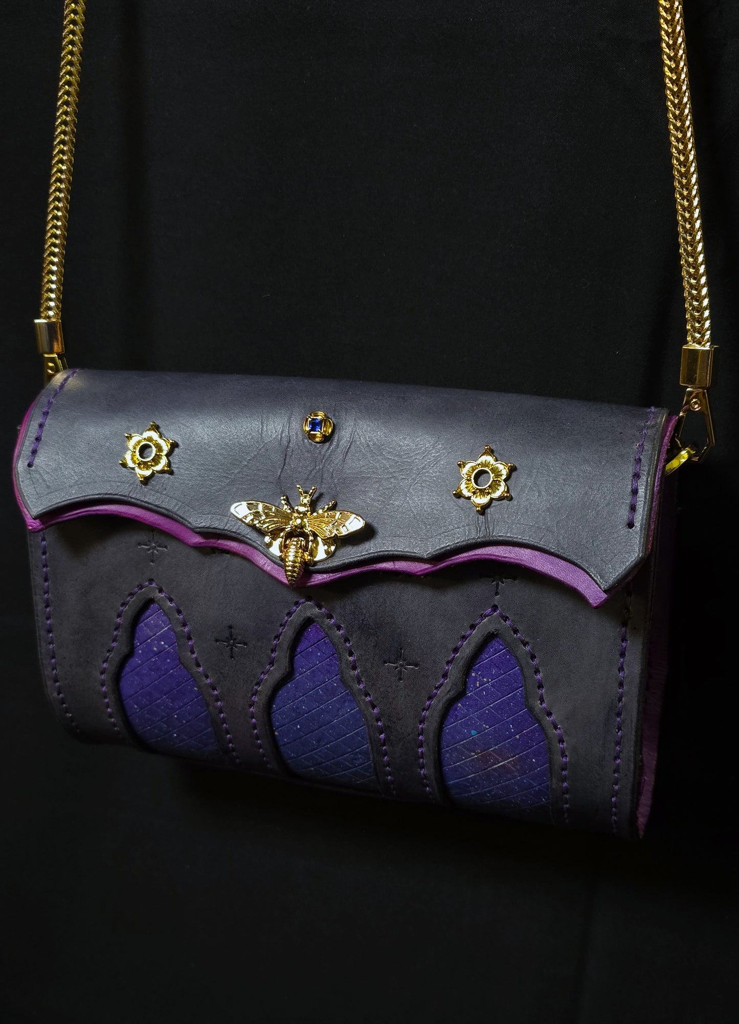 Cosmic Cathedral Leather purse - Bee clasp - 24K plate fittings