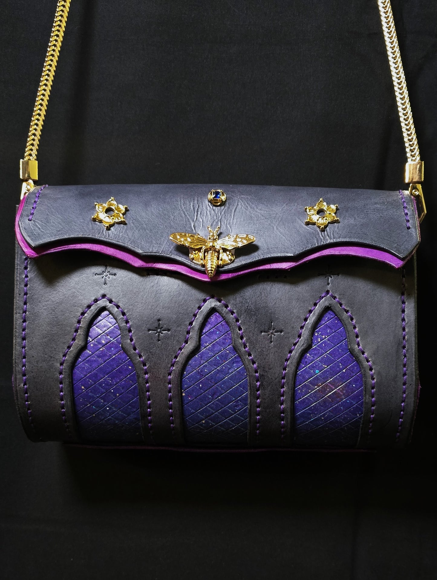 Cosmic Cathedral Leather purse - Bee clasp - 24K plate fittings