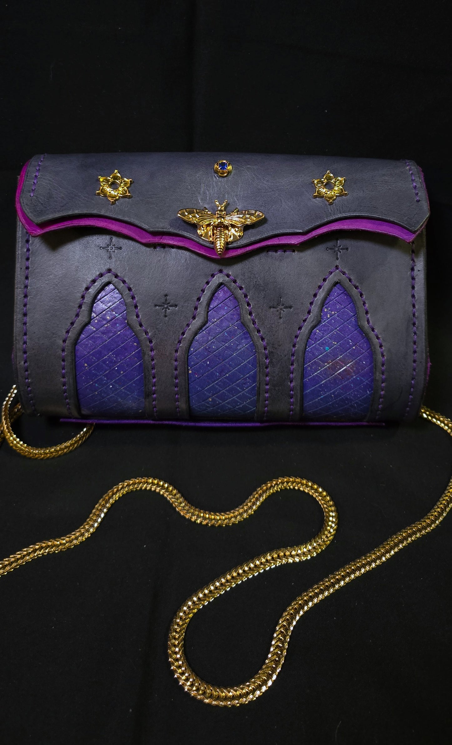 Cosmic Cathedral Leather purse - Bee clasp - 24K plate fittings