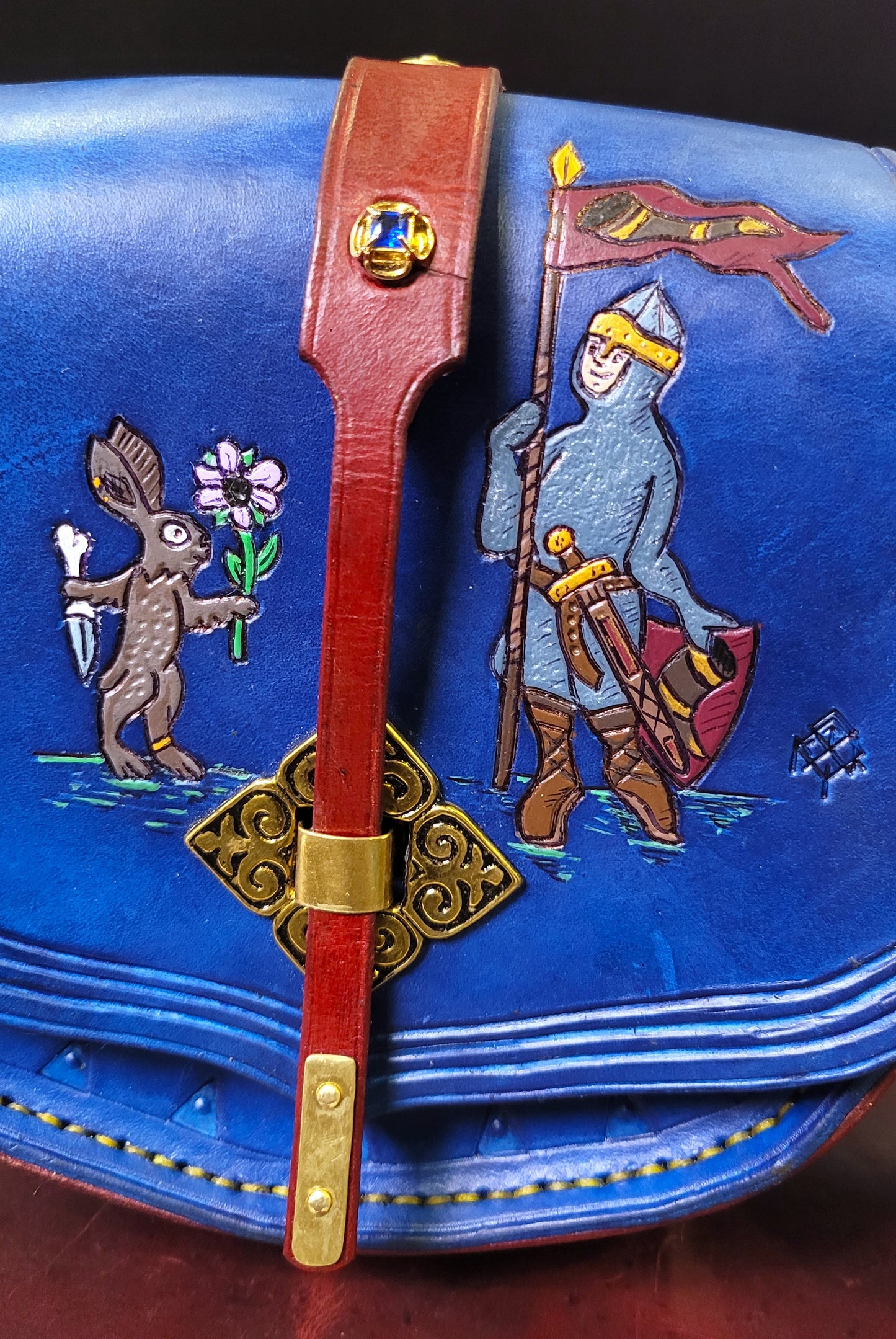 medieval illuminated manuscript handmade Leather Purse featuring murder bunnies vs. town guard