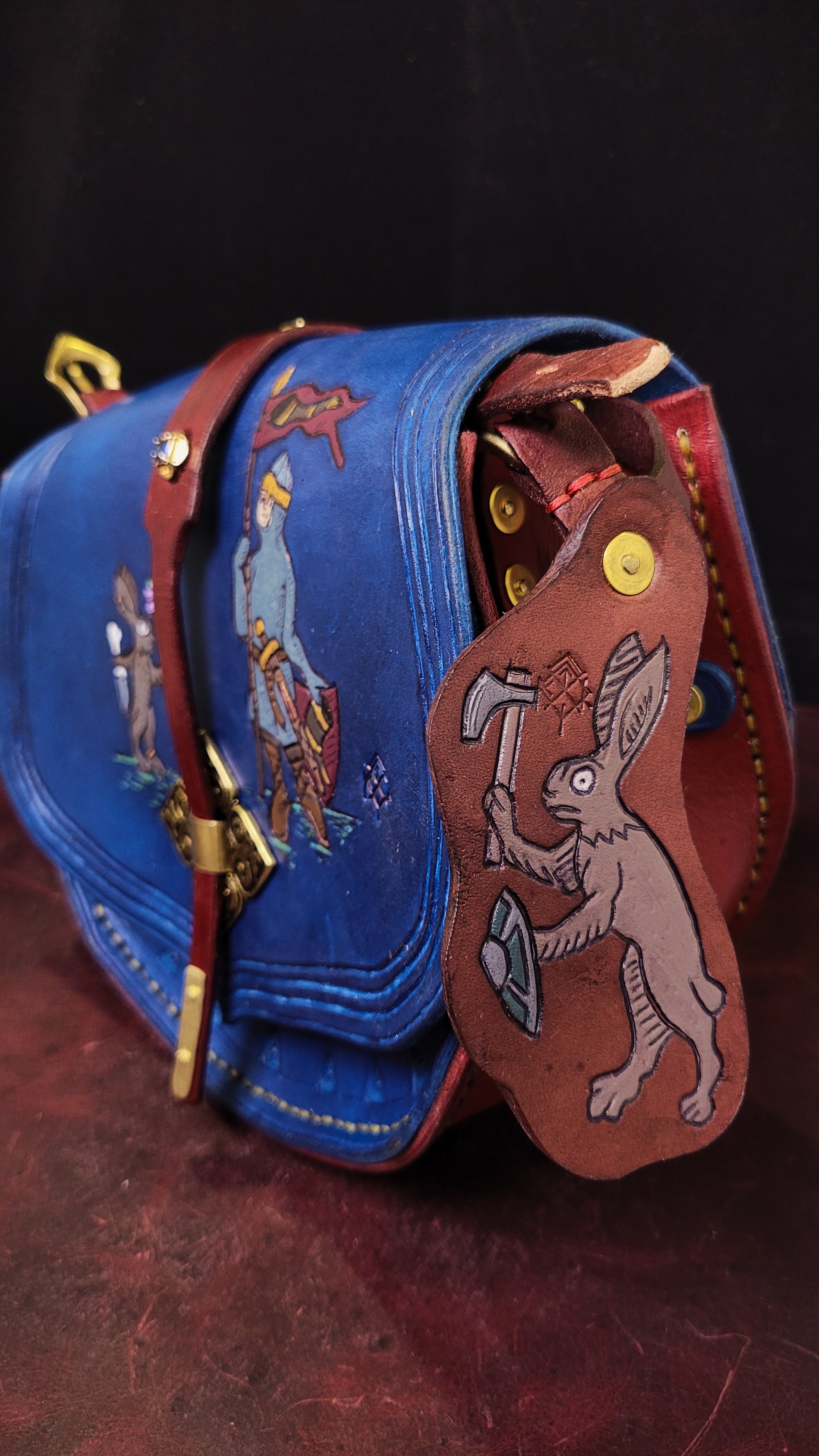 medieval illuminated manuscript handmade Leather Purse featuring murder bunnies vs. town guard