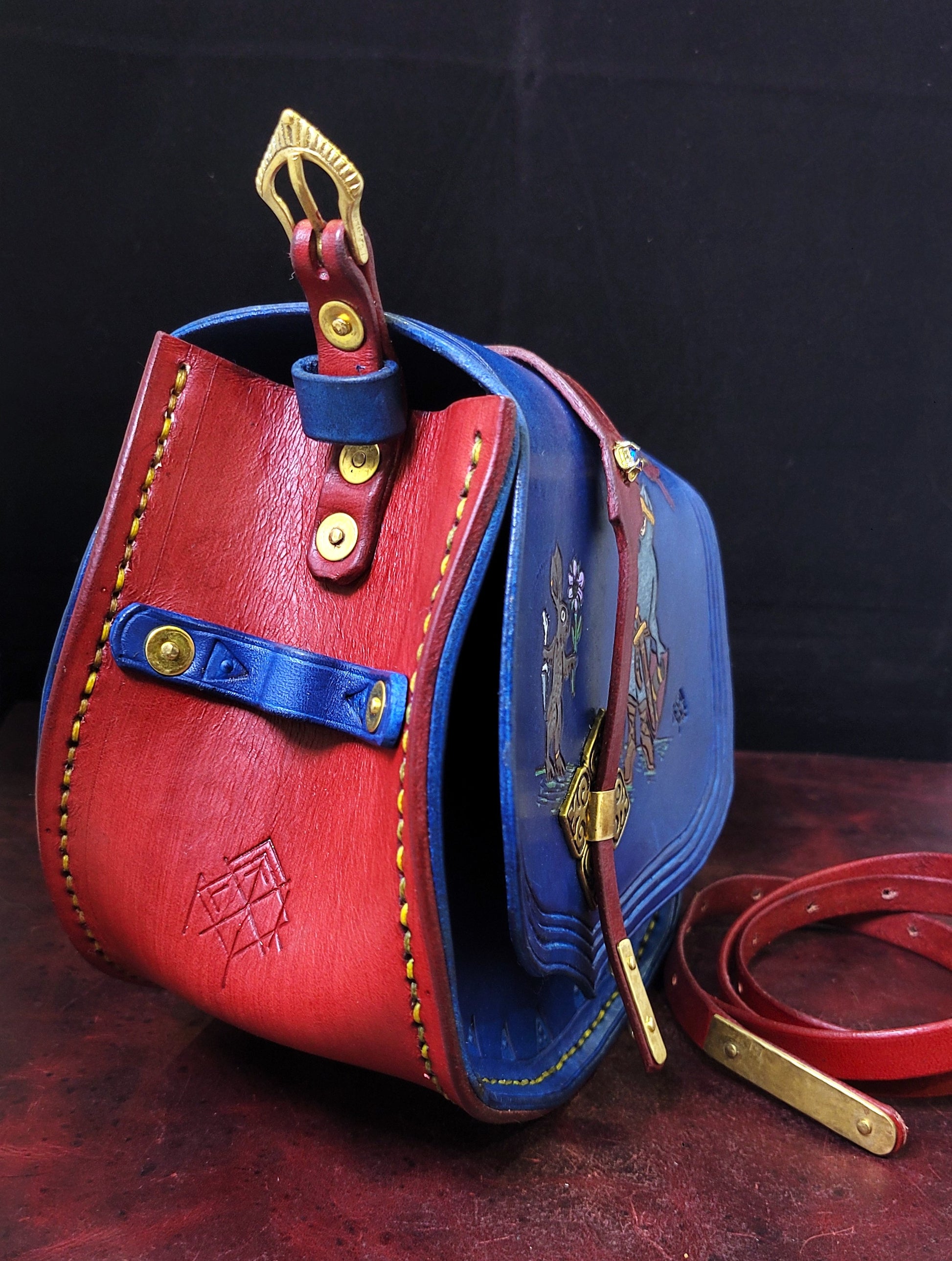 medieval illuminated manuscript handmade Leather Purse featuring murder bunnies vs. town guard