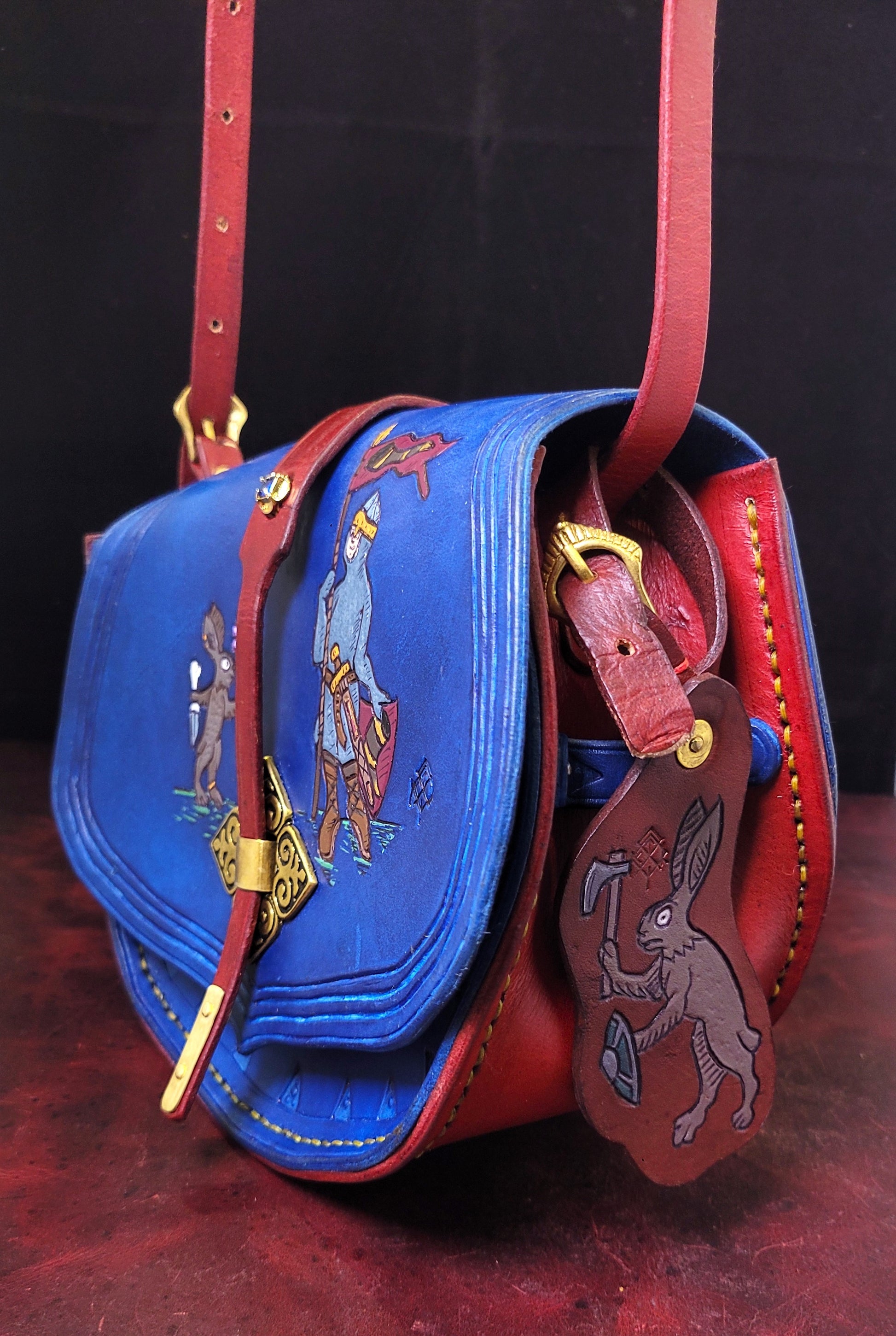 medieval illuminated manuscript handmade Leather Purse featuring murder bunnies vs. town guard
