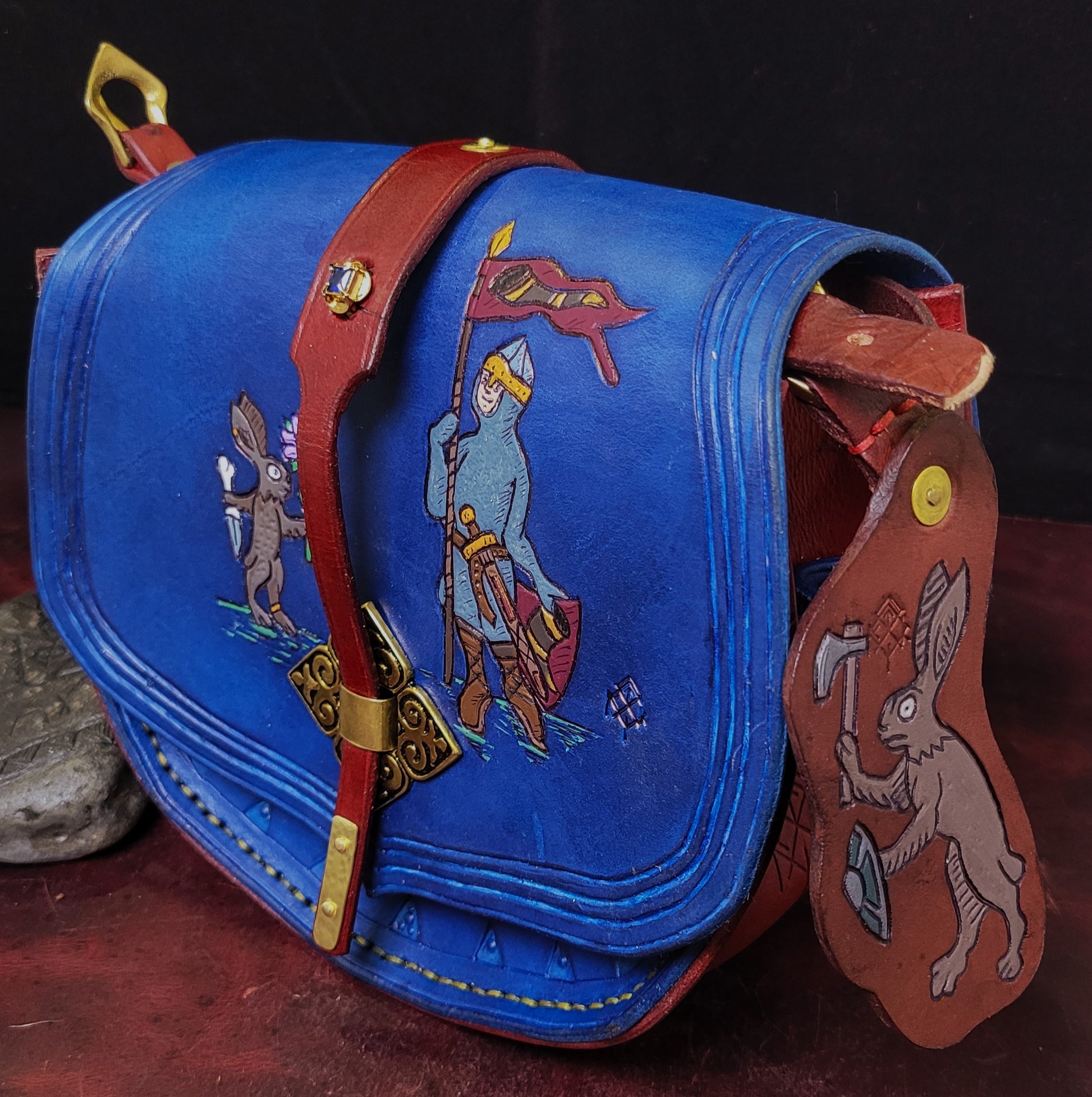 medieval illuminated manuscript handmade Leather Purse featuring murder bunnies vs. town guard