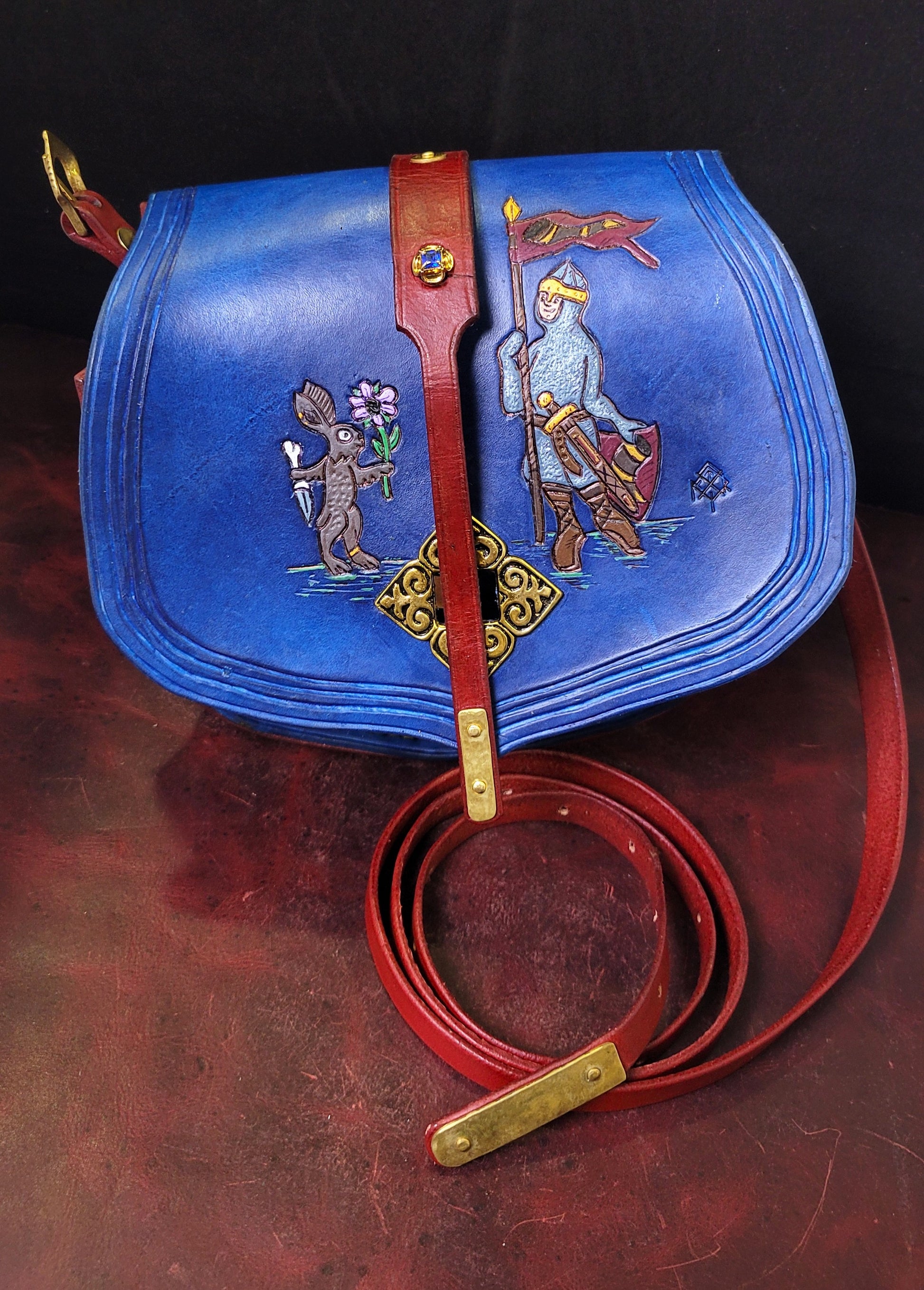 medieval illuminated manuscript handmade Leather Purse featuring murder bunnies vs. town guard