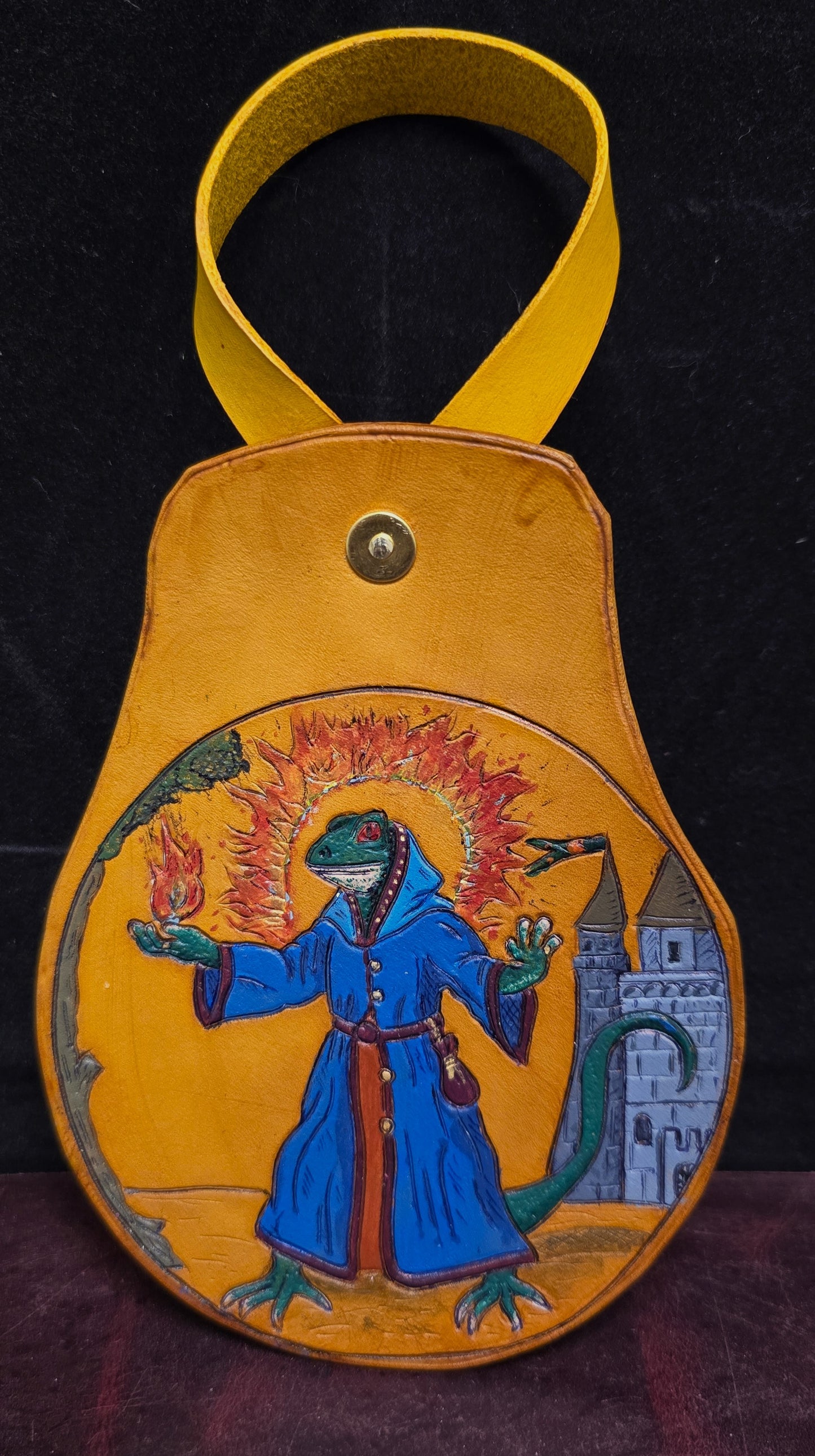 Leather Purse Tag- The Lizard combat mage - Flame Aura Defender