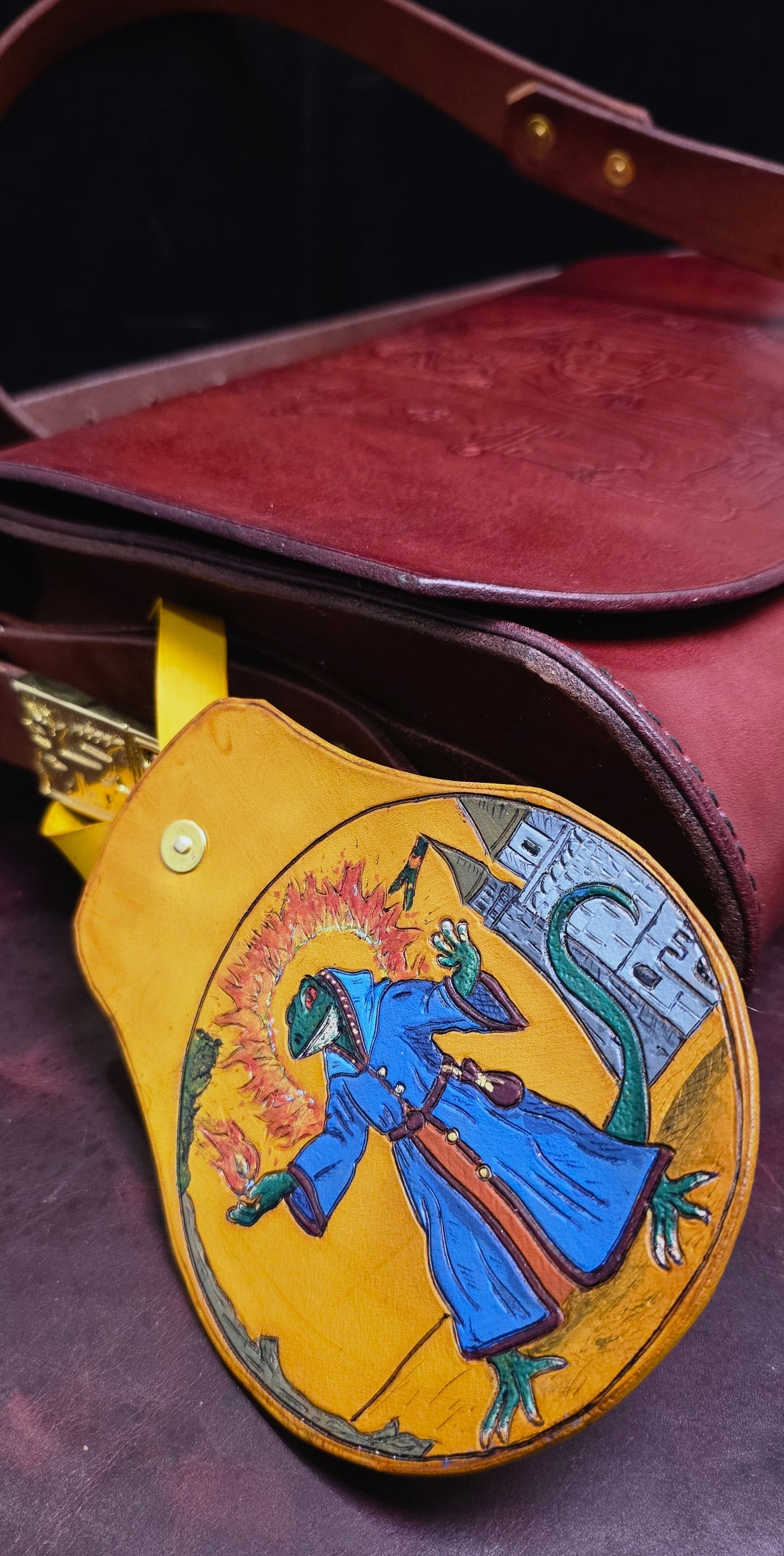 Leather Purse Tag- The Lizard combat mage - Flame Aura Defender