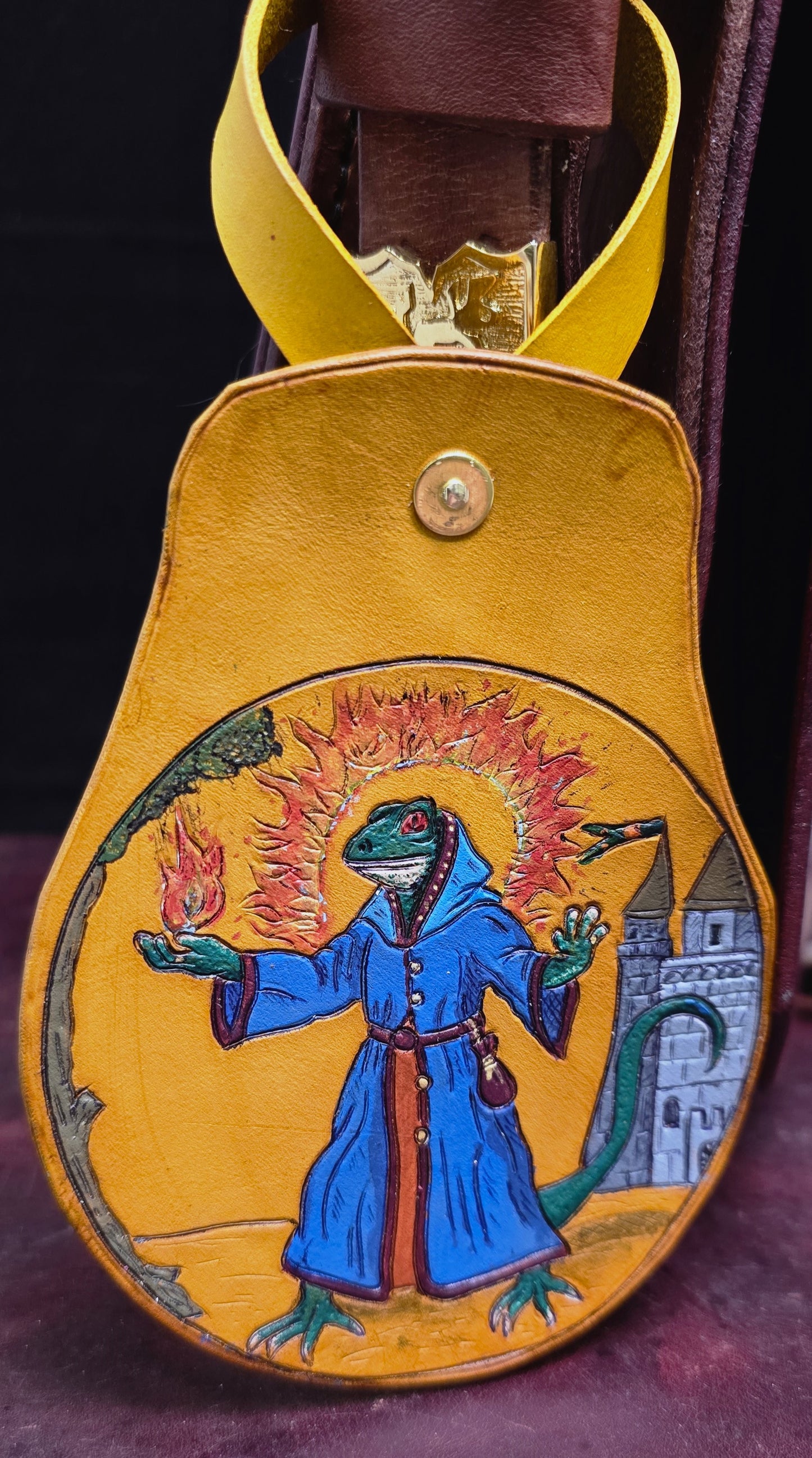 Leather Purse Tag- The Lizard combat mage - Flame Aura Defender