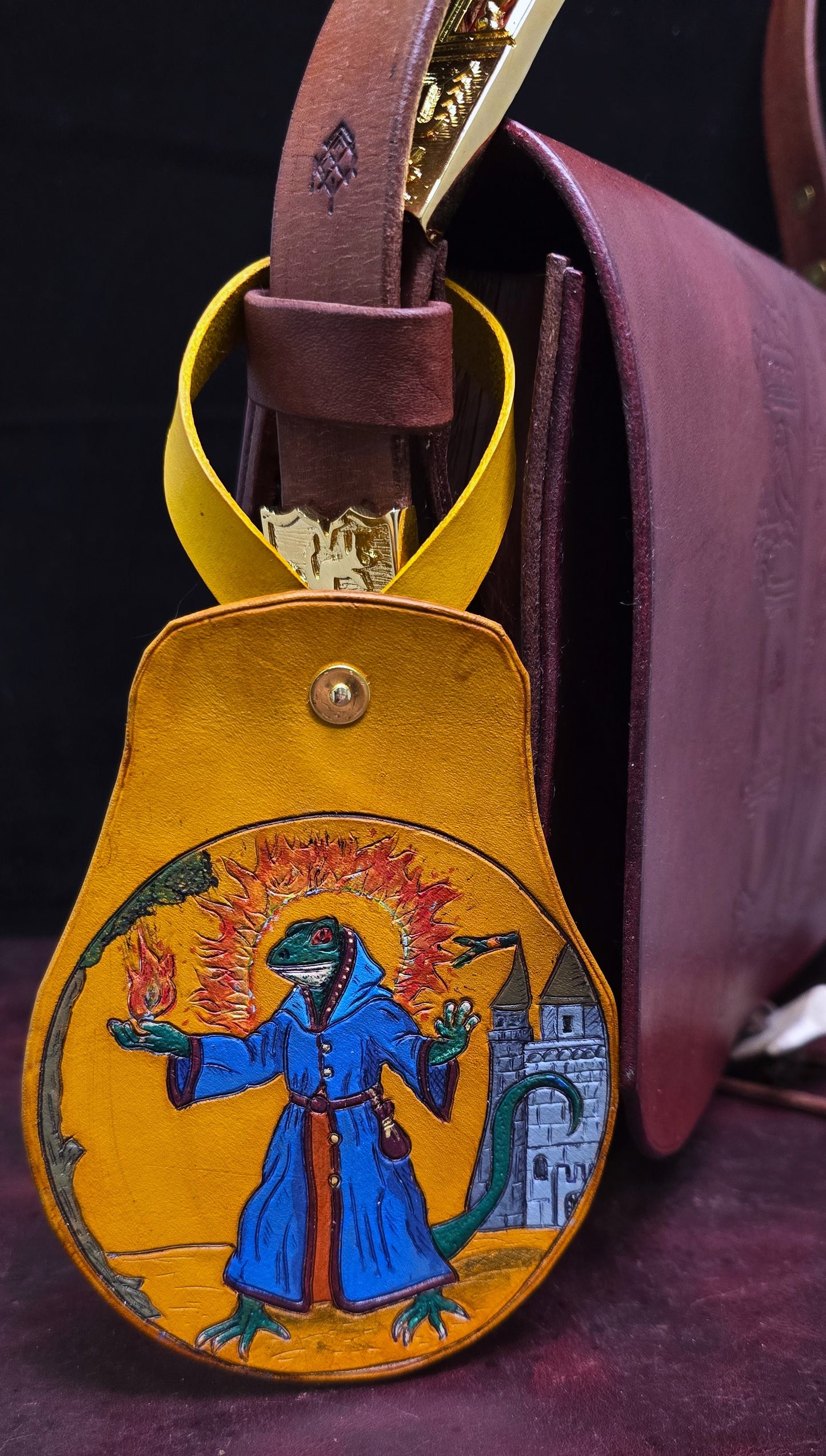 Leather Purse Tag- The Lizard combat mage - Flame Aura Defender