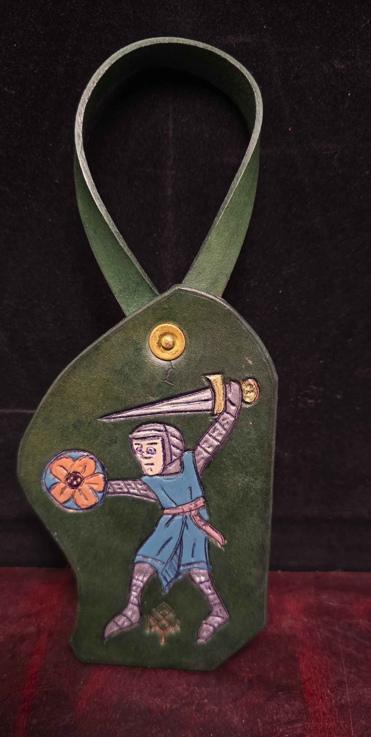 Leather Purse Tag- Marginalia - medieval knight with flower shield