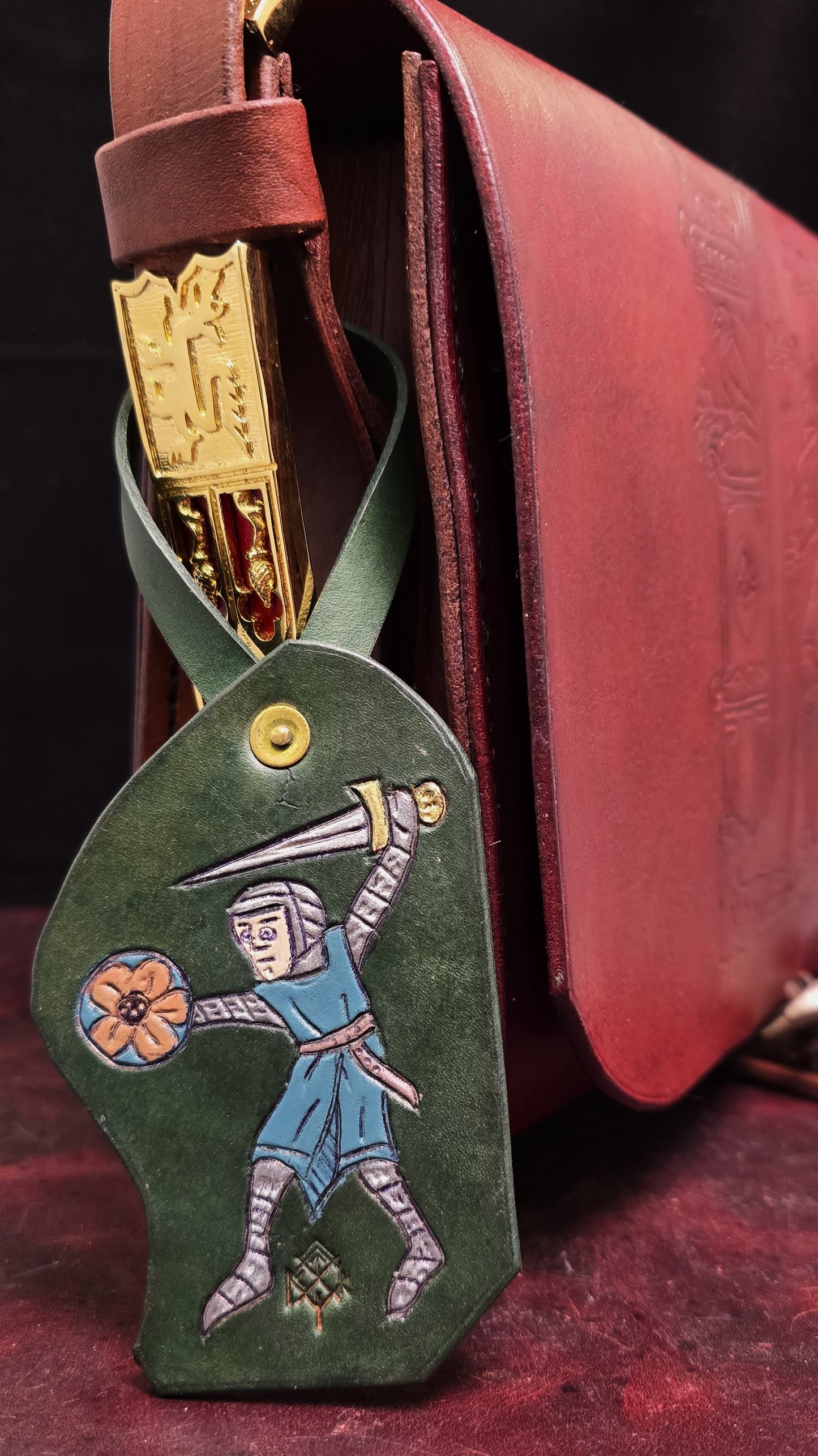 Leather Purse Tag- Marginalia - medieval knight with flower shield