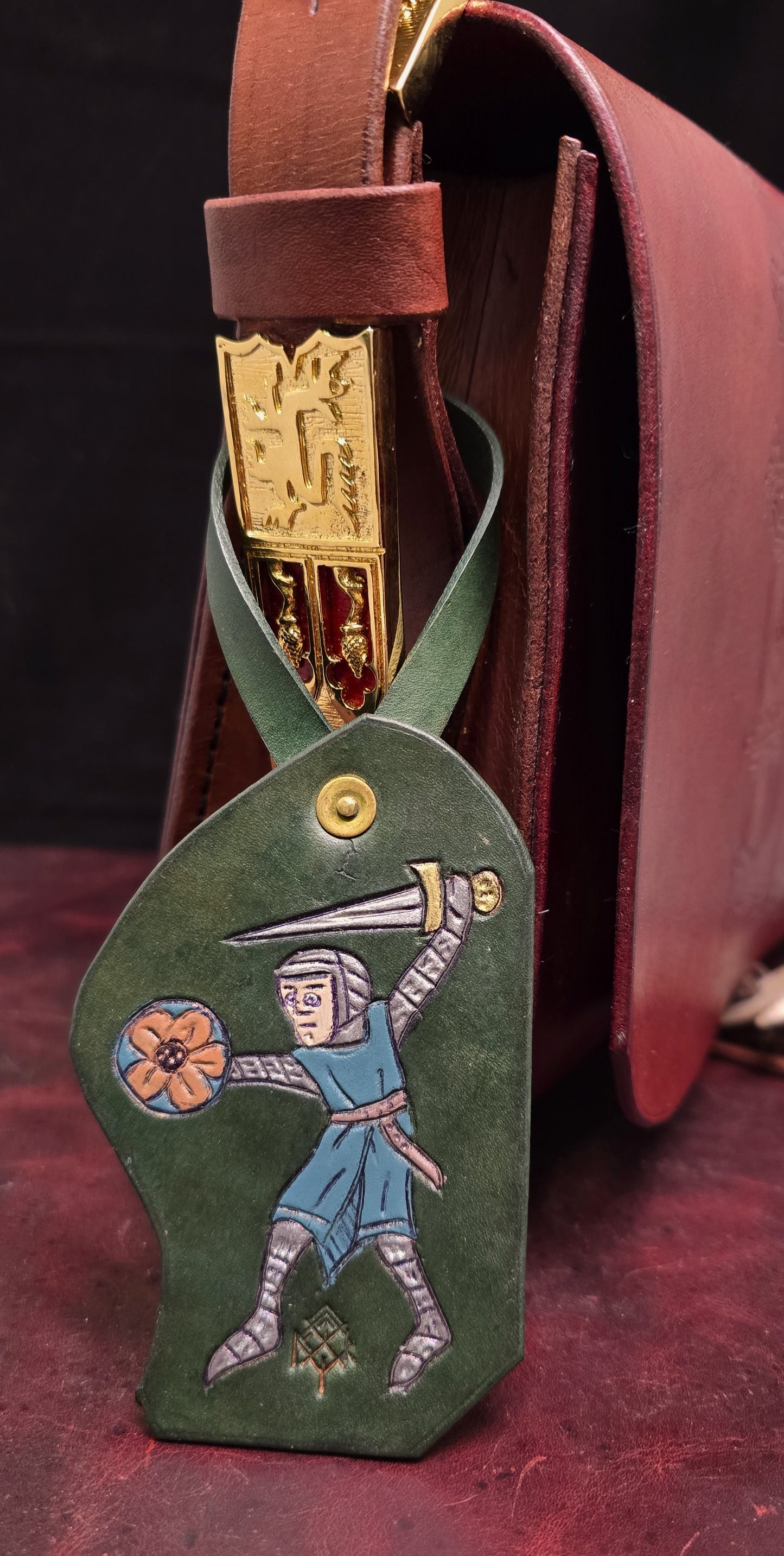 Leather Purse Tag- Marginalia - medieval knight with flower shield