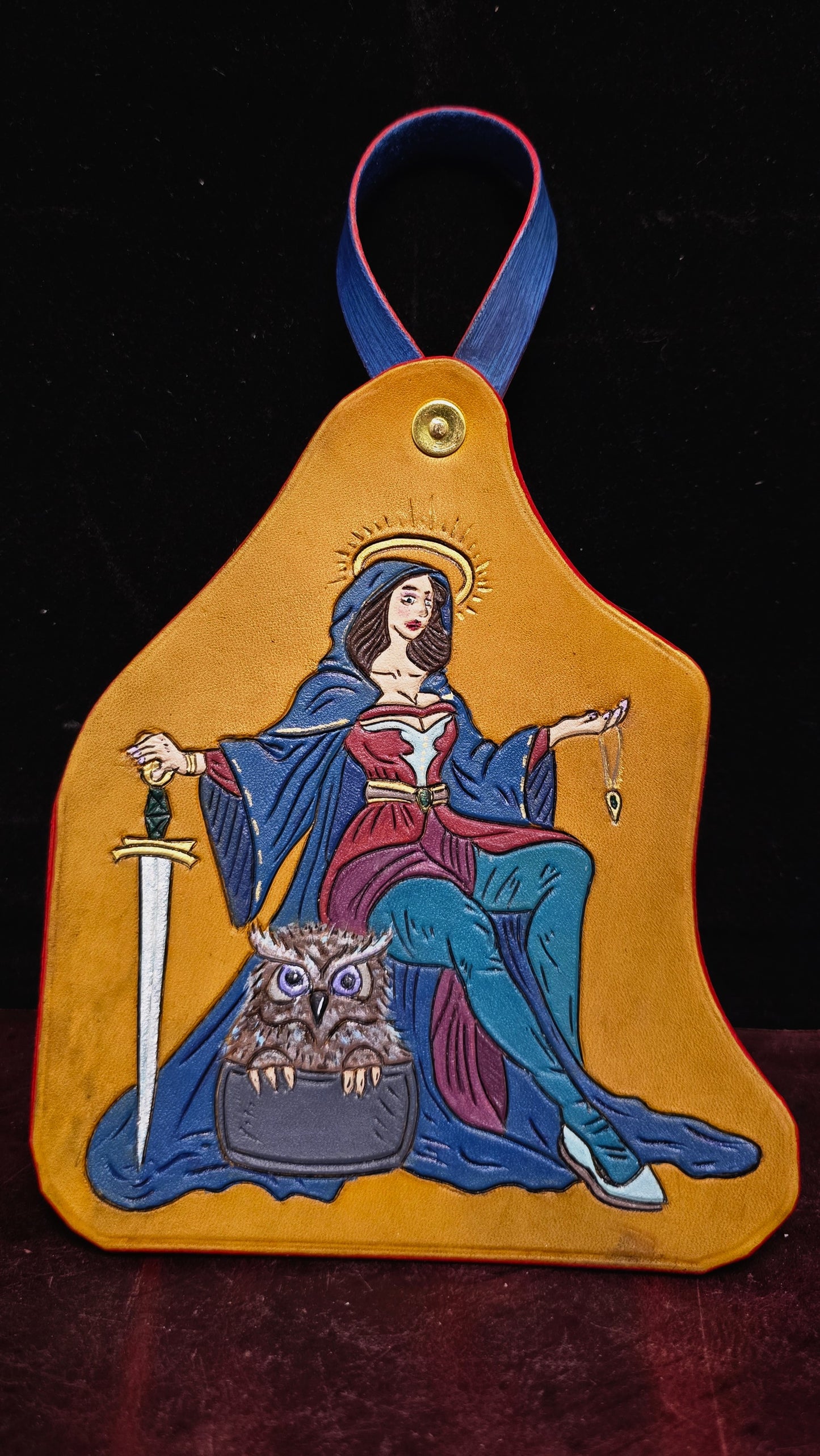 Leather Purse Tag- The Beautiful Sword Maiden with her baby Owlbear cub