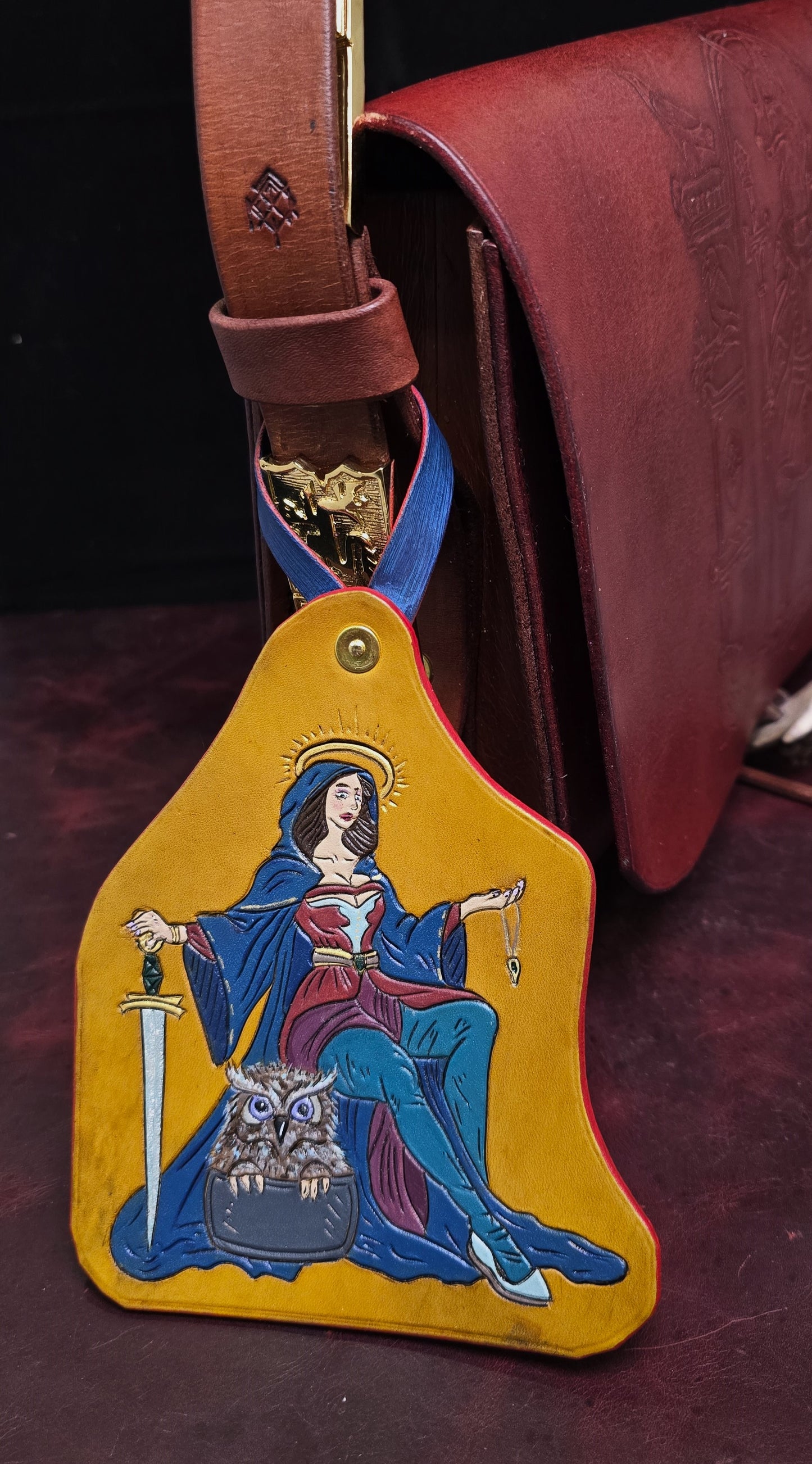 Leather Purse Tag- The Beautiful Sword Maiden with her baby Owlbear cub
