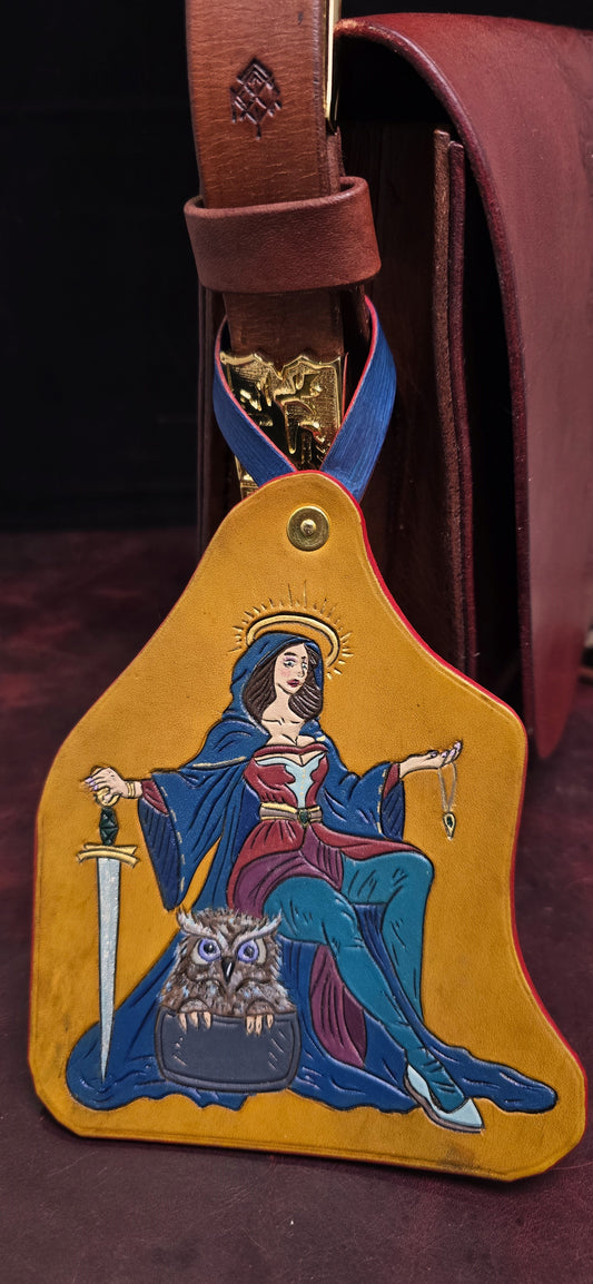 Leather Purse Tag- The Beautiful Sword Maiden with her baby Owlbear cub