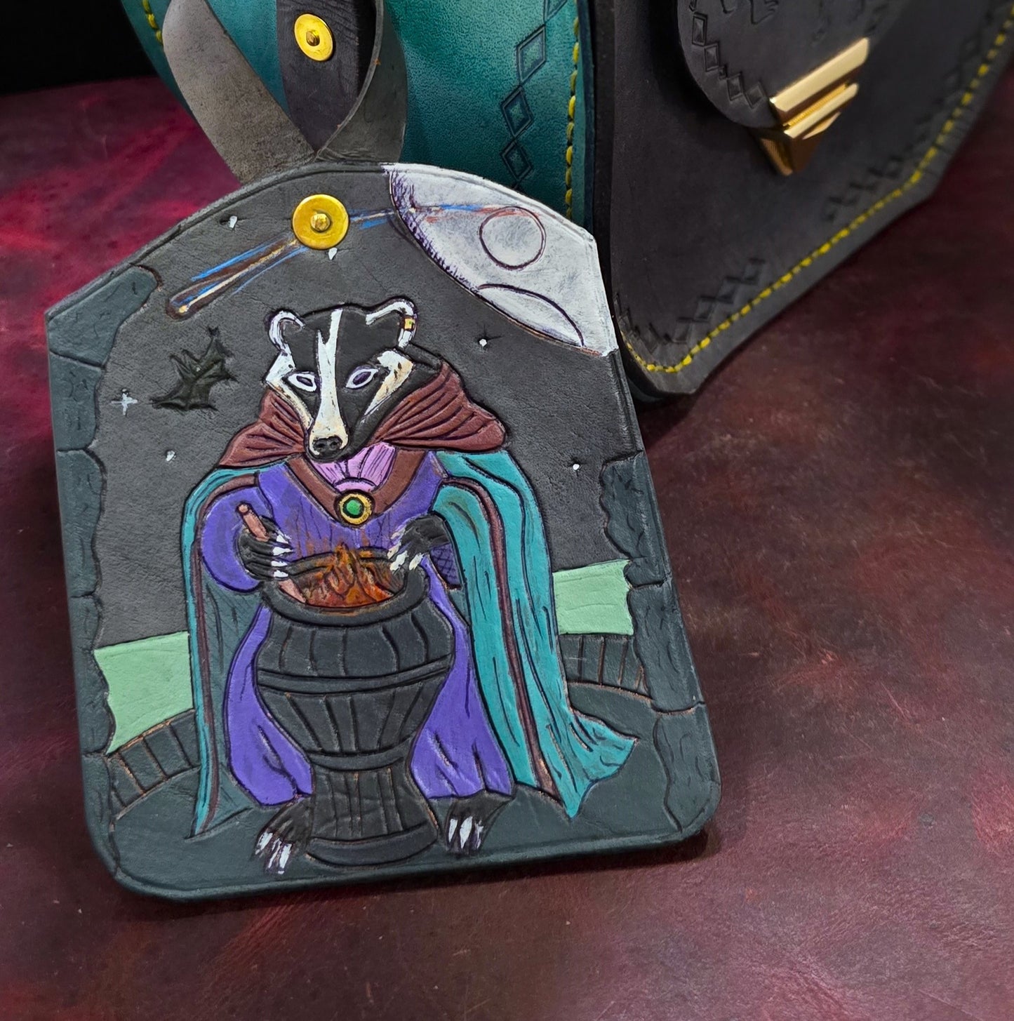 Leather Purse Tag- Badger witch Midnight potion