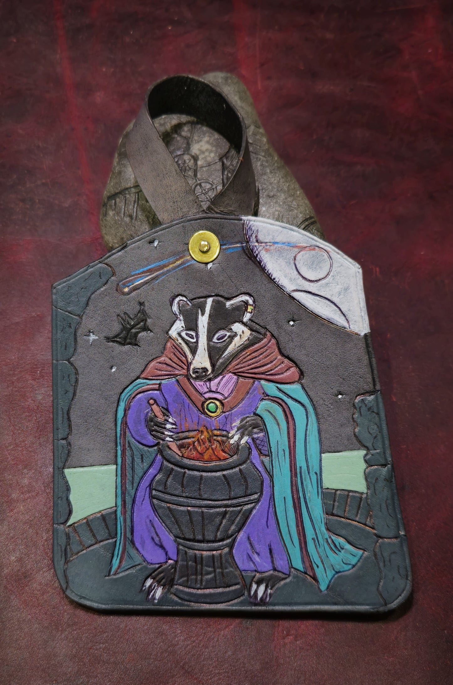 Leather Purse Tag- Badger witch Midnight potion
