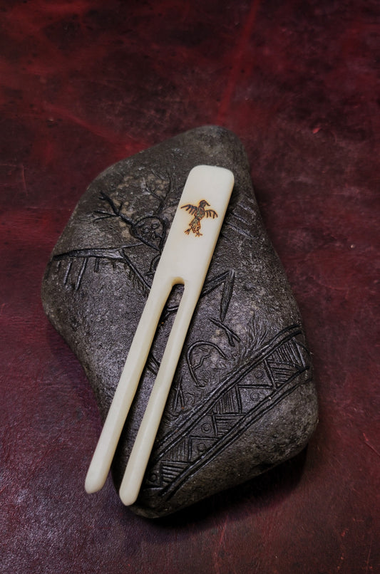 Cow Bone hairpin - raven and sun cross pyrography