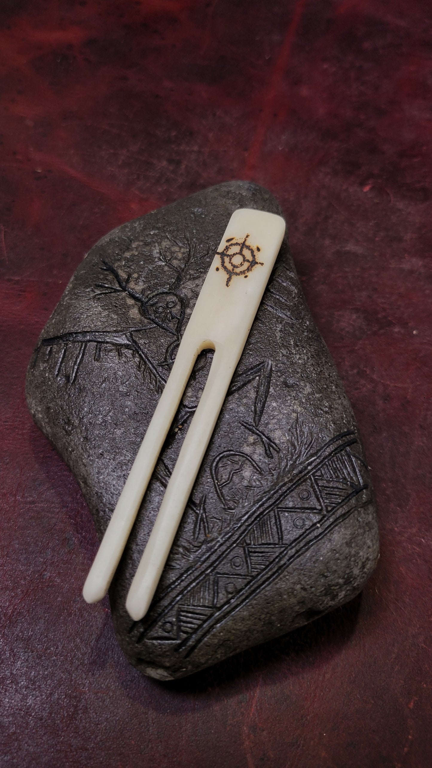 Cow Bone hairpin - raven and sun cross pyrography