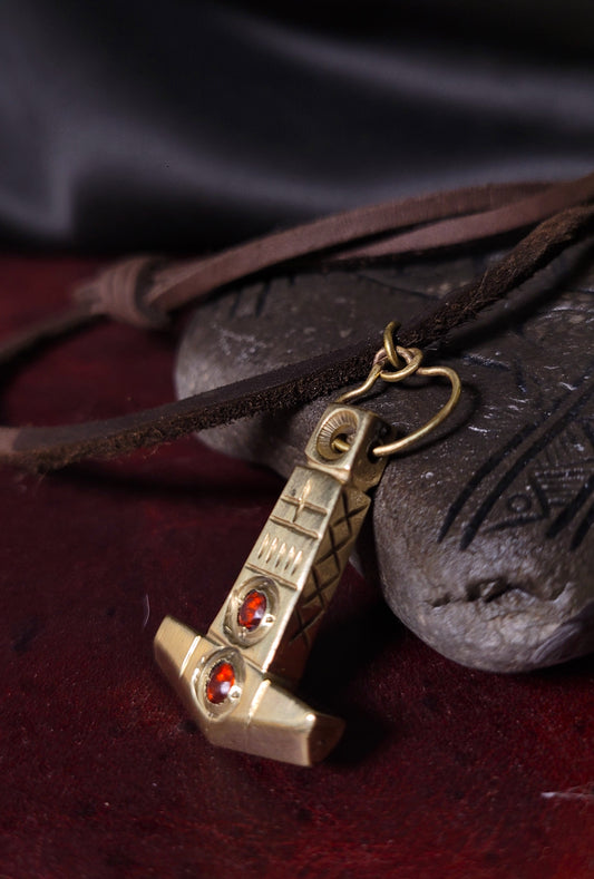 Brass Mjolnir hammer pendant- CZ