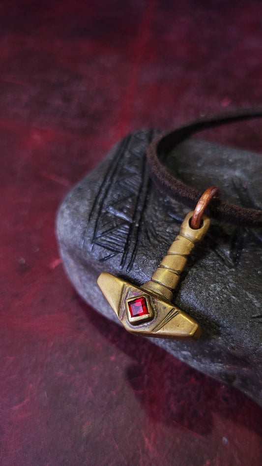 Brass Mjolnir Pendant - Square Garnet