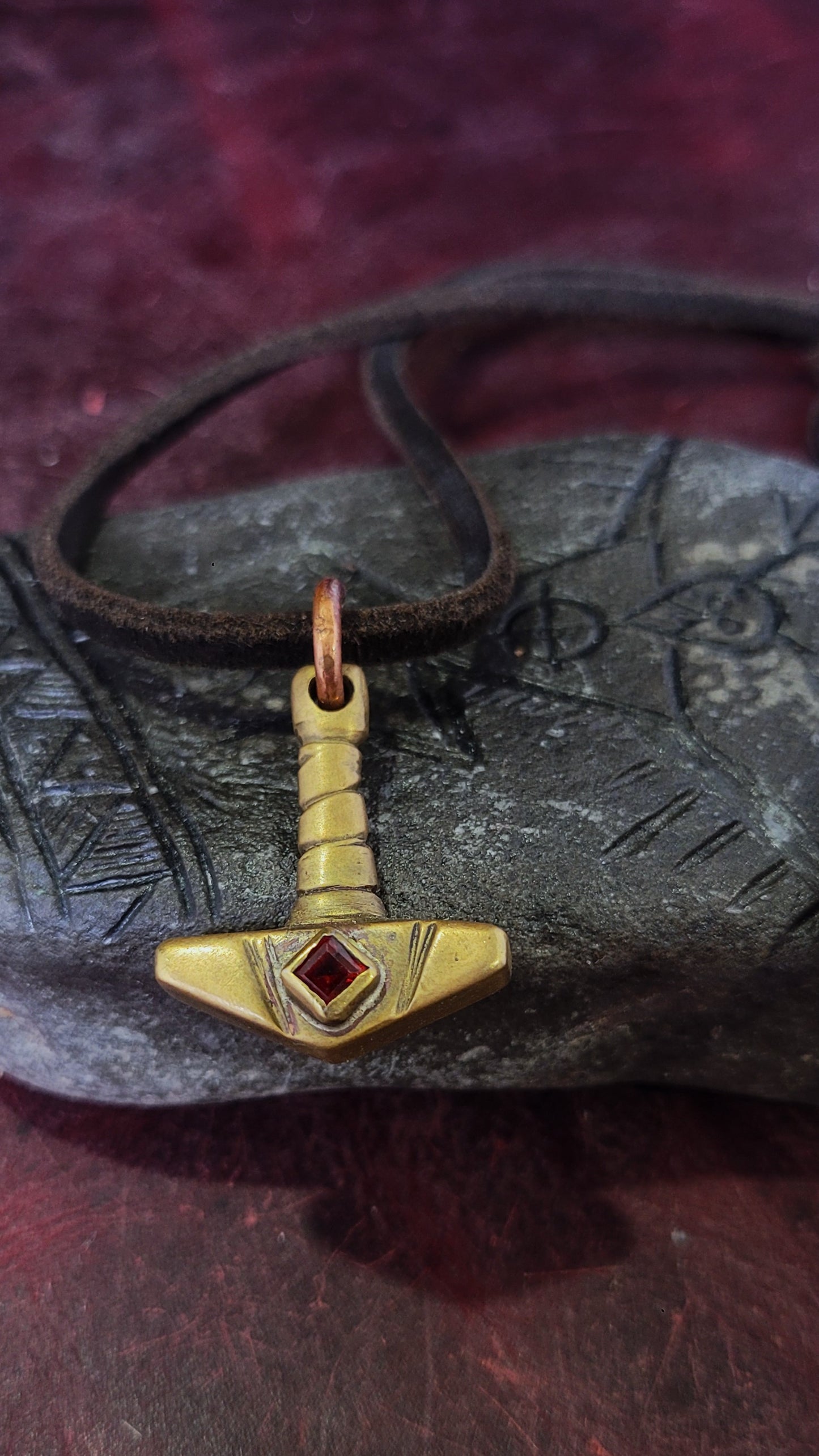 Brass Mjolnir Pendant - Square Garnet