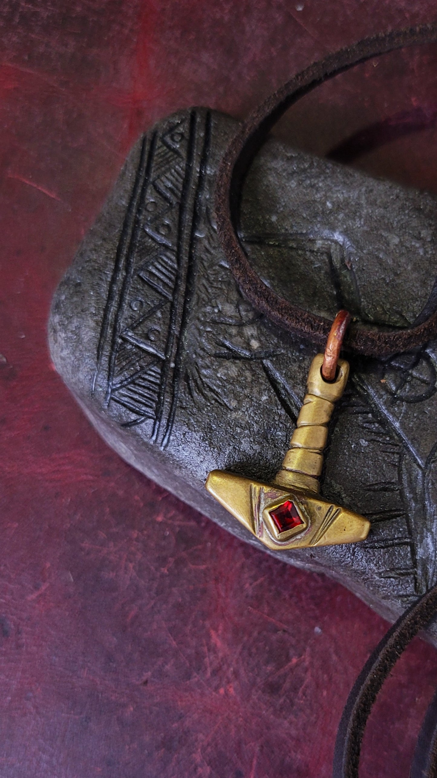 Brass Mjolnir Pendant - Square Garnet