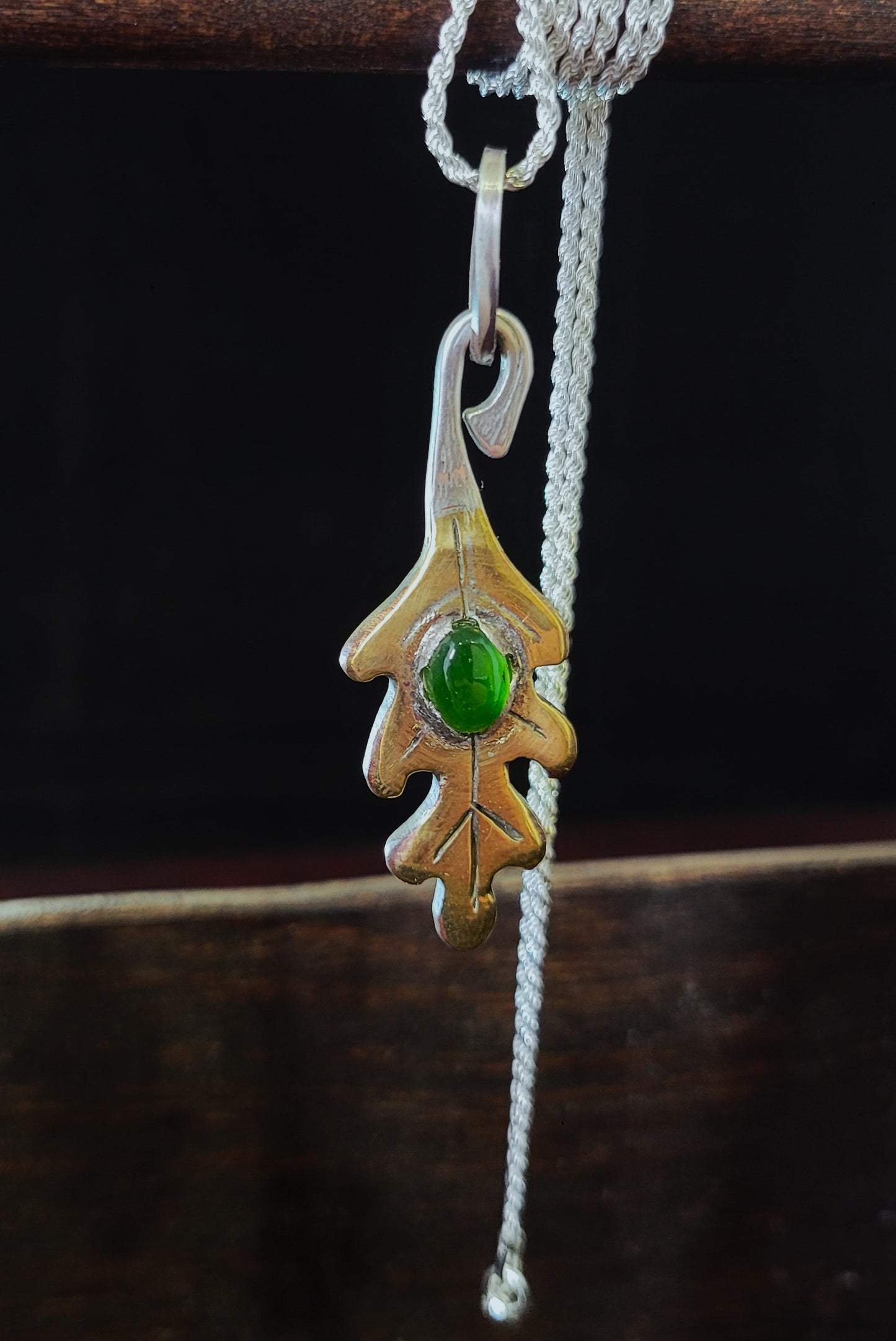 Brass Oak Leaf Pendant - Nephrite Jade