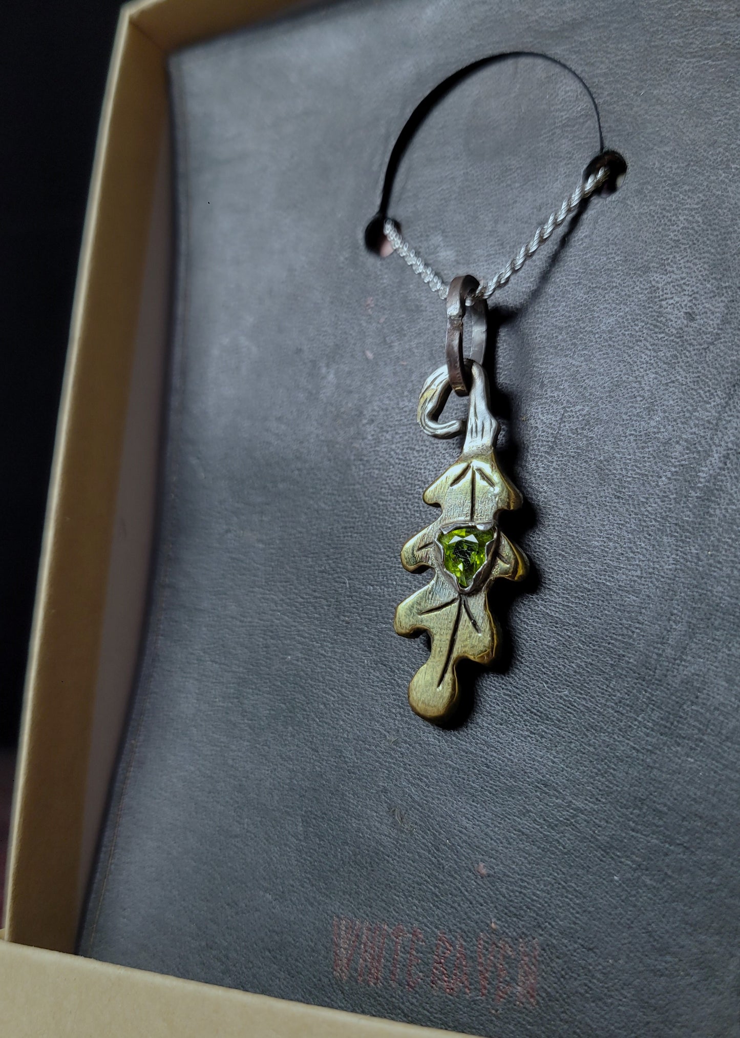 Brass Oak Leaf Pendant - Peridot