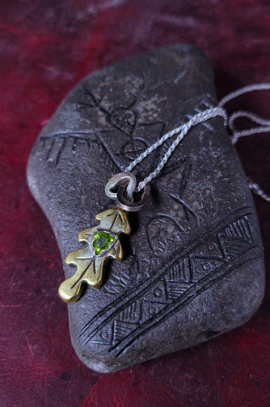 Brass Oak Leaf Pendant - Peridot