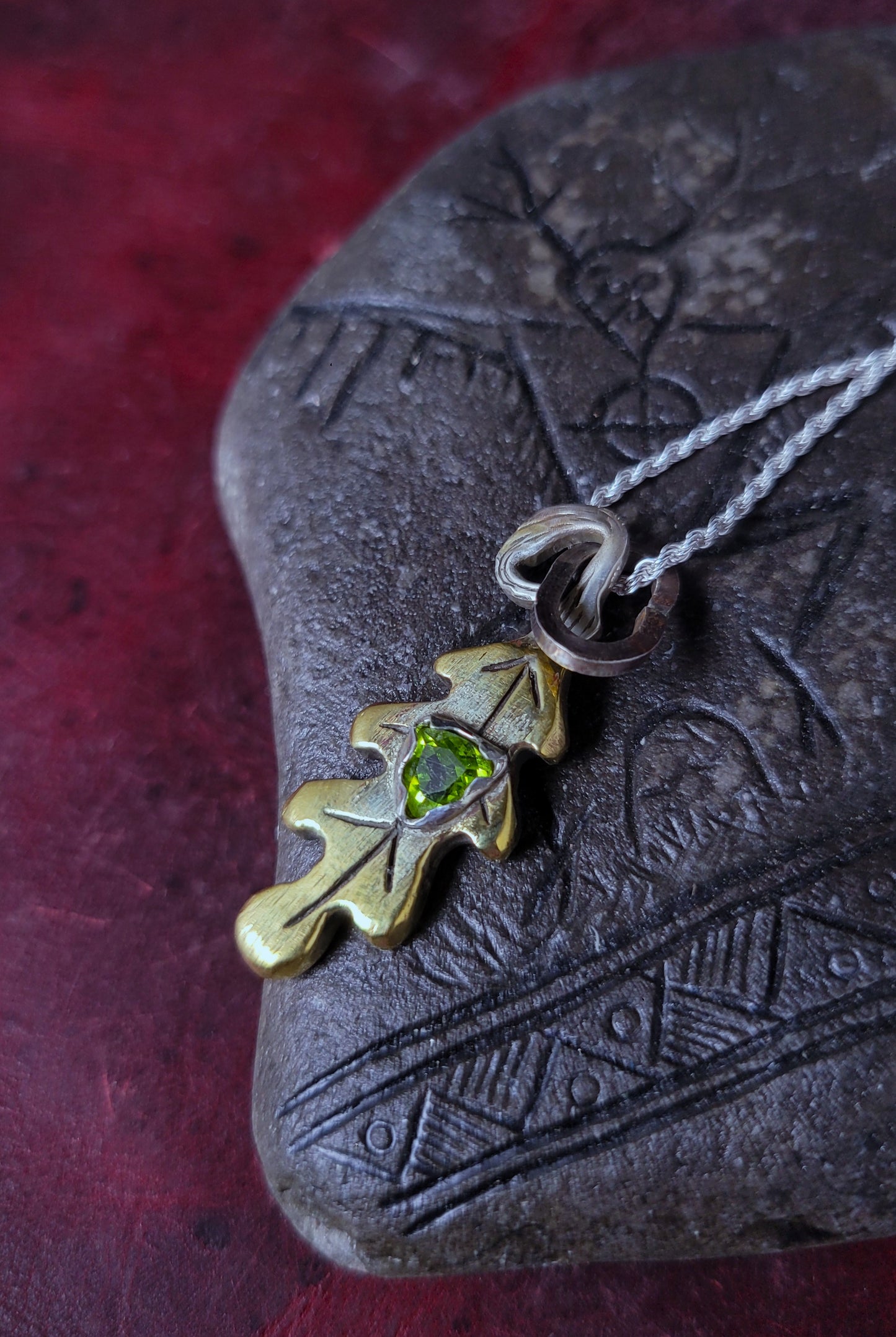 Brass Oak Leaf Pendant - Peridot